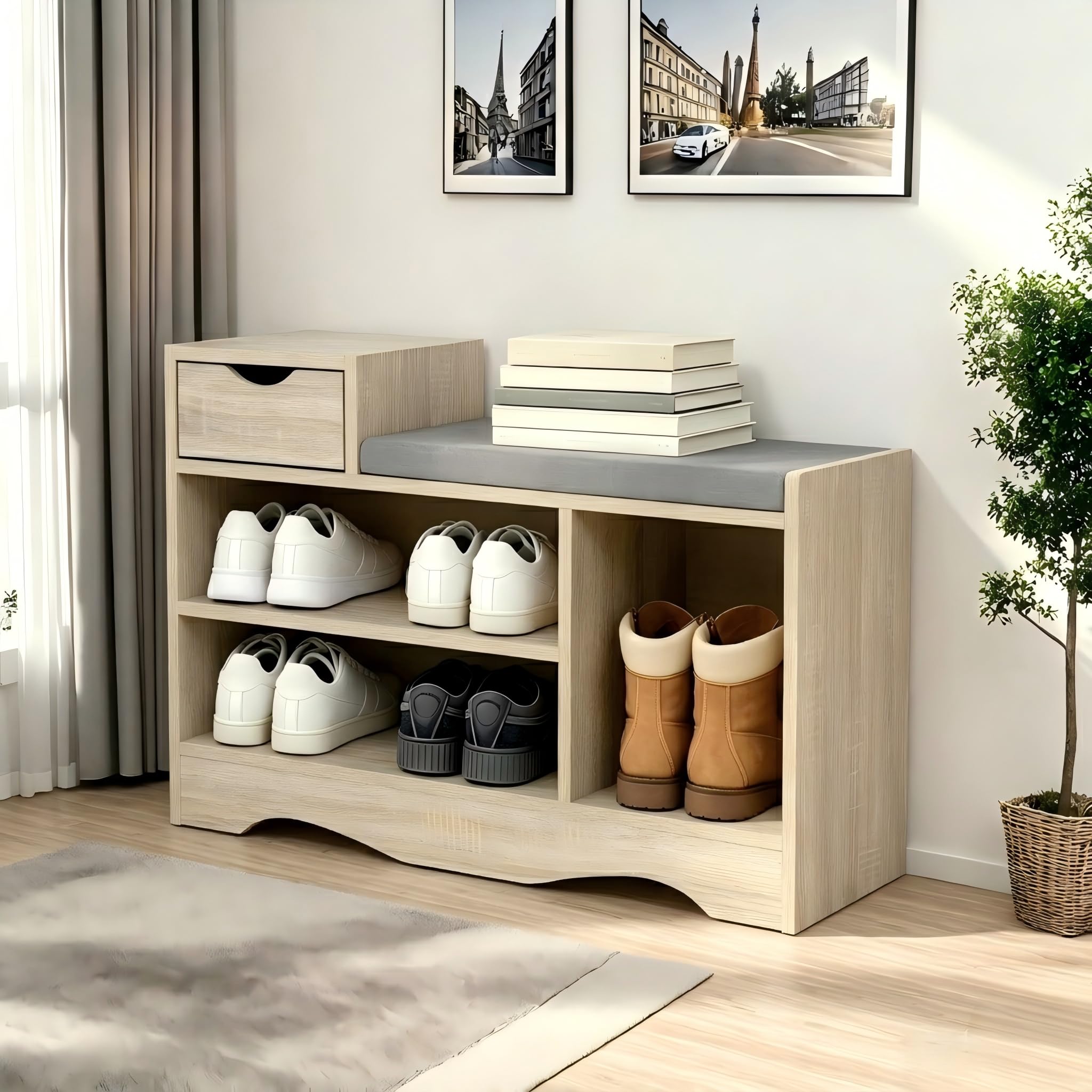 Banc à chaussures avec coussin de siège avec tiroir et banc de rangement, armoire basse, pour meubles de couloir et de salon