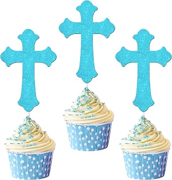 Cross Cupcake Toppers Glitter Blue Bless and Cross Cupcake Picks 24Pcs Religious Baptism Party Cake Decorations for Christian Birthday Baby Shower Supplies