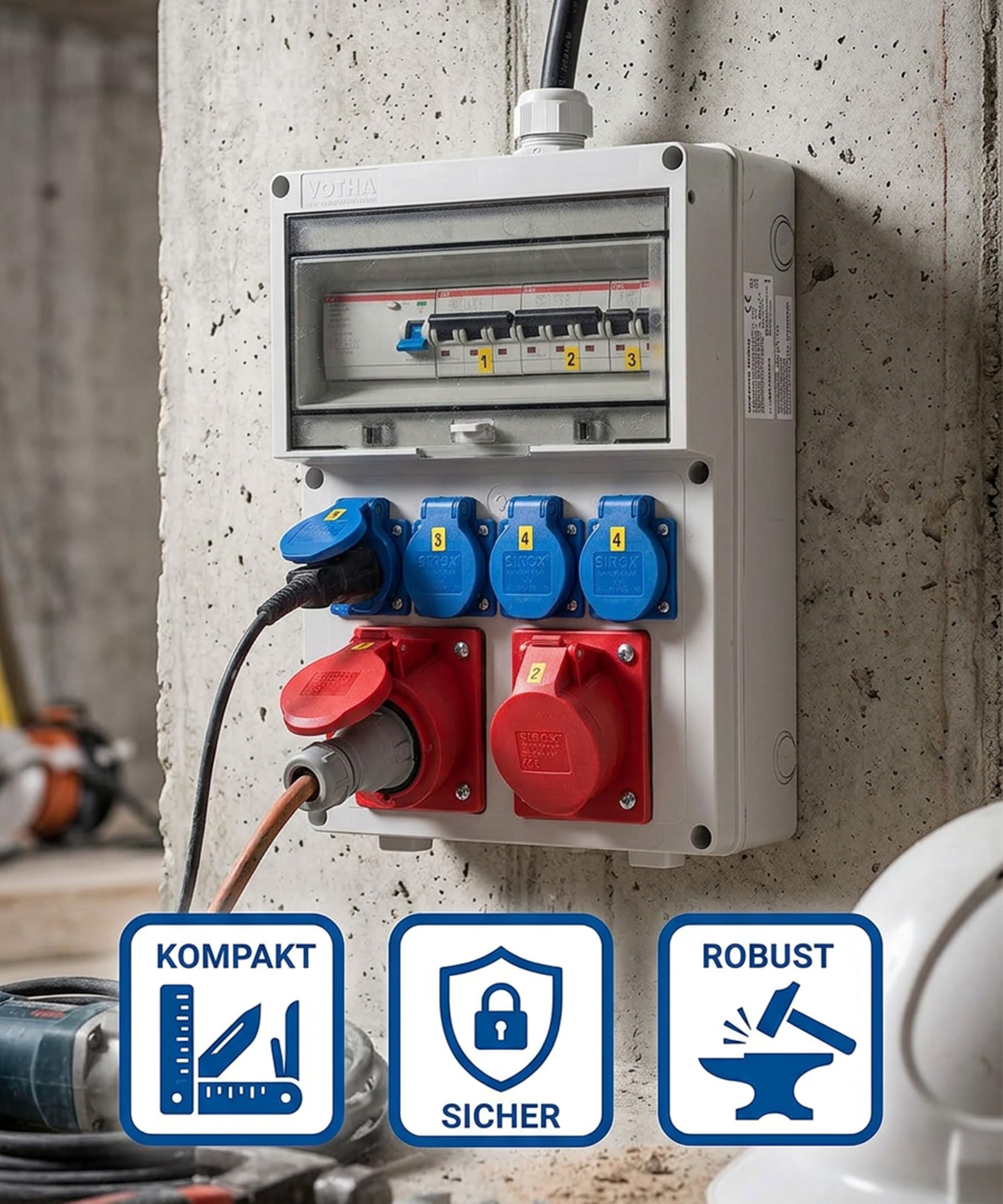 JÄGER VOTHA Wandverteiler Würzburg, Steckdosenkombination zur Wandmontage, fertig verdrahtet, CEE 32A & 16A, 4x 230V Steckdose, FI & LS Schalter, IP54, abschließbare Makrolonabdeckung