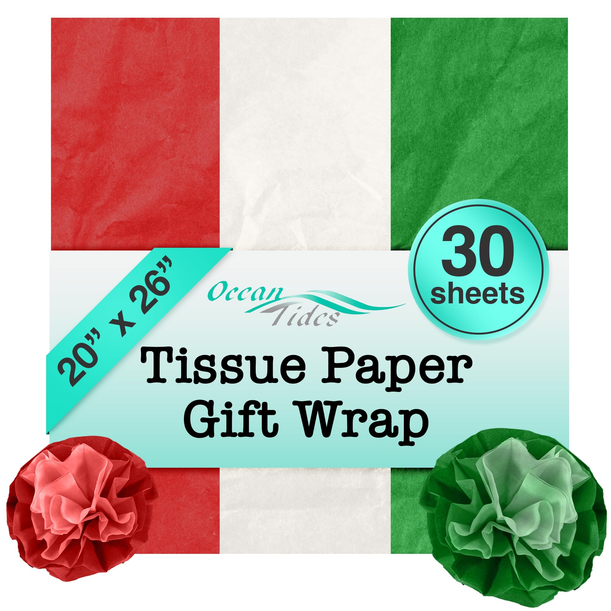 Tissue Paper for Gift Bags-30 Sheets 20x26in Wrapping Paper,Red White Green