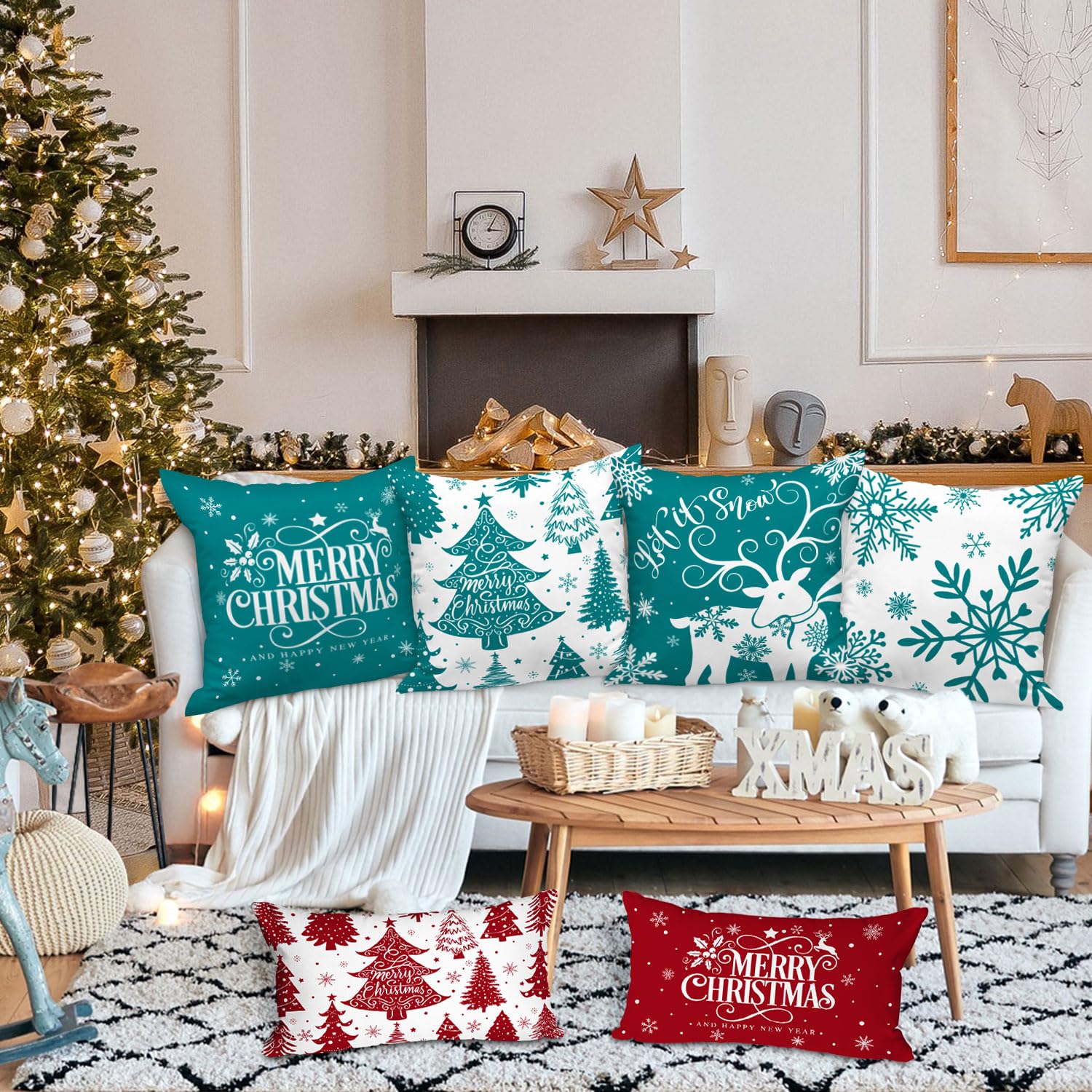 Lanpn White and Teal 45x45 Christmas Pillow Covers Set of 4 - Image 3