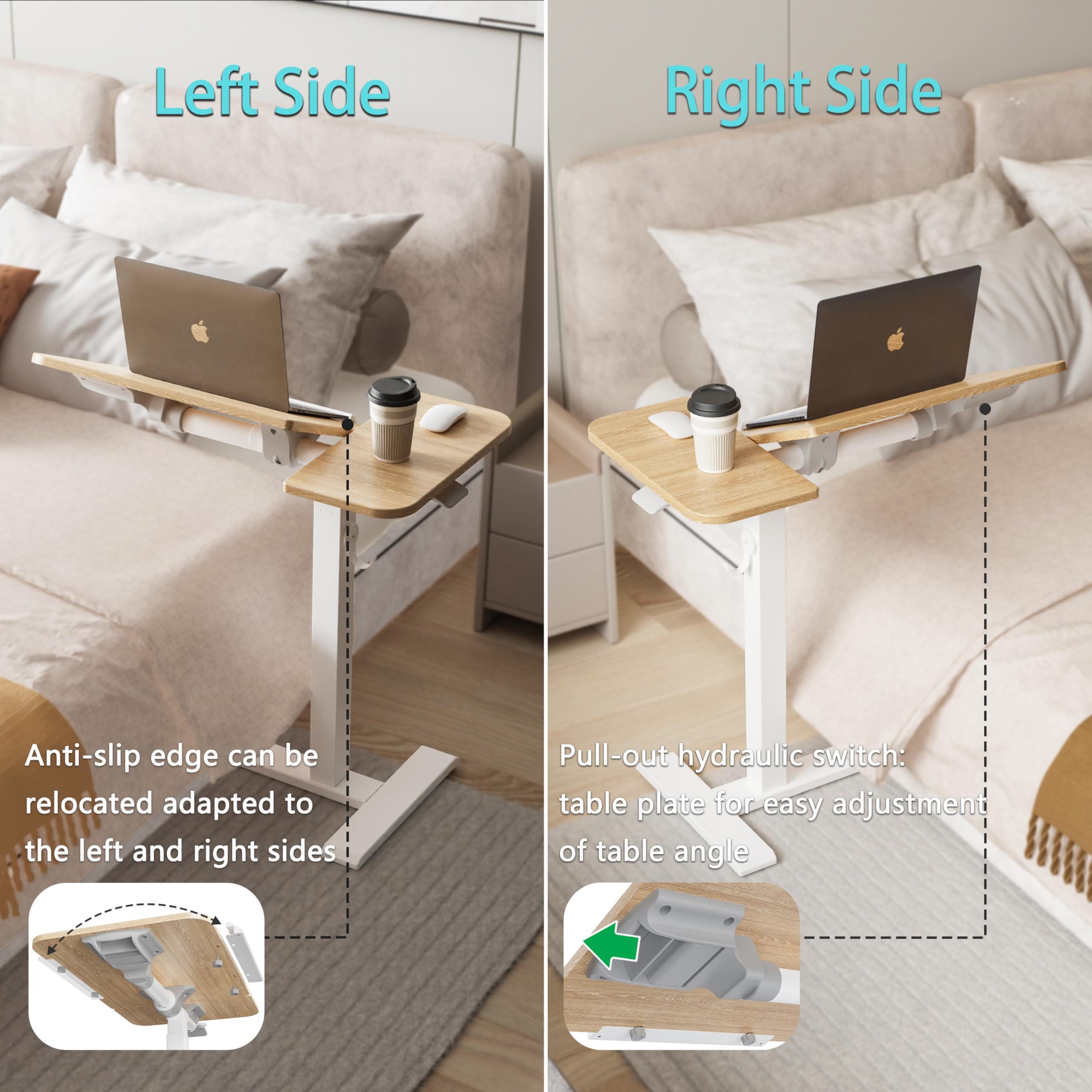 ETHU Tavolo per computer portatile regolabile in altezza, tavolino multifunzione con piano di lavoro inclinabile e ruote incassate, tavolo da letto portatile ergonomico per ufficio e casa (quercia)