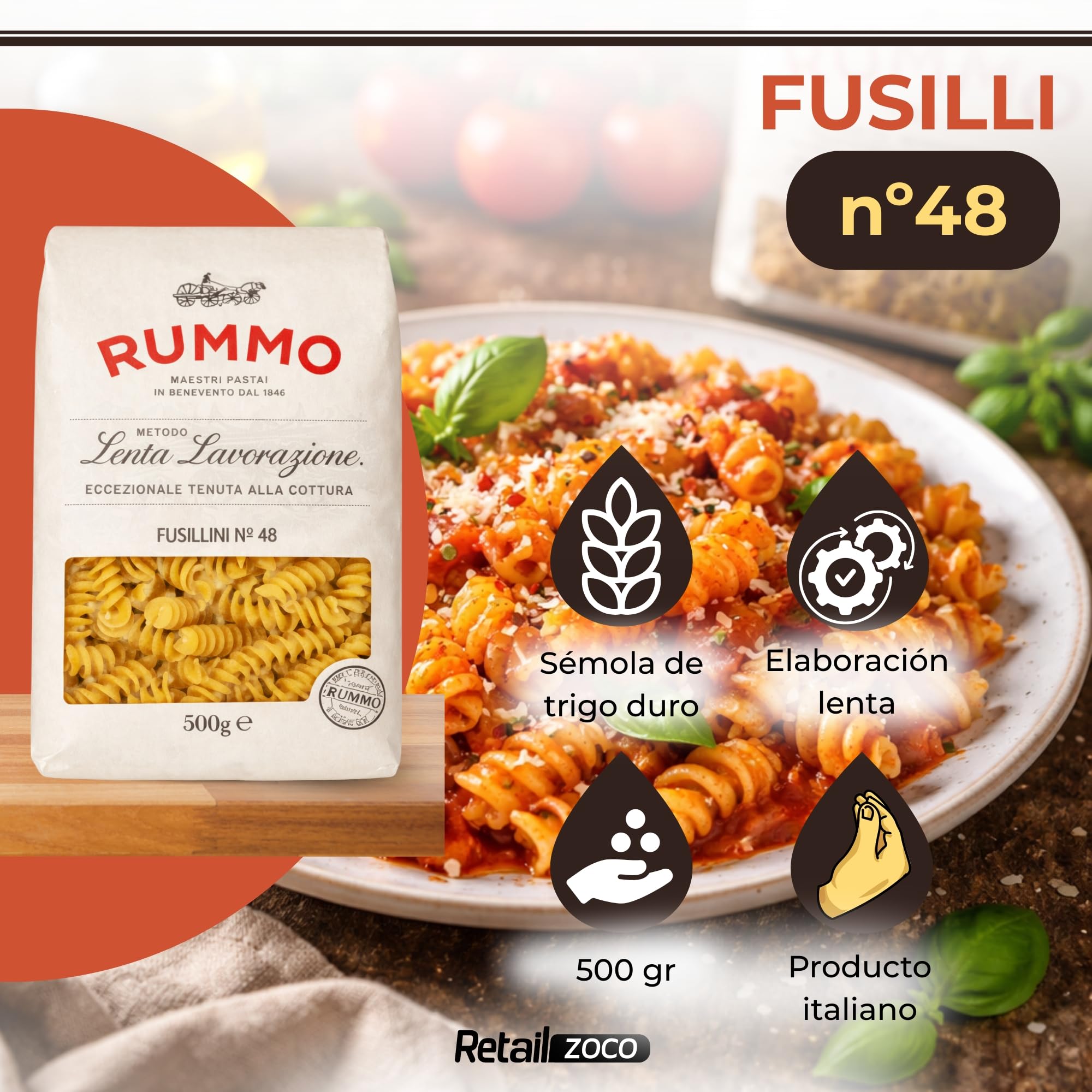 Pasta Rummo Fusilli Nº48 500g, Pasta Italiana, Pasta alimenticia de sémola de trigo duro, Contiene gluten, Puede contener trazas de soja, Tiempo de cocción 9 minutos, 6 Paquetes de 500 gr - imagen 2