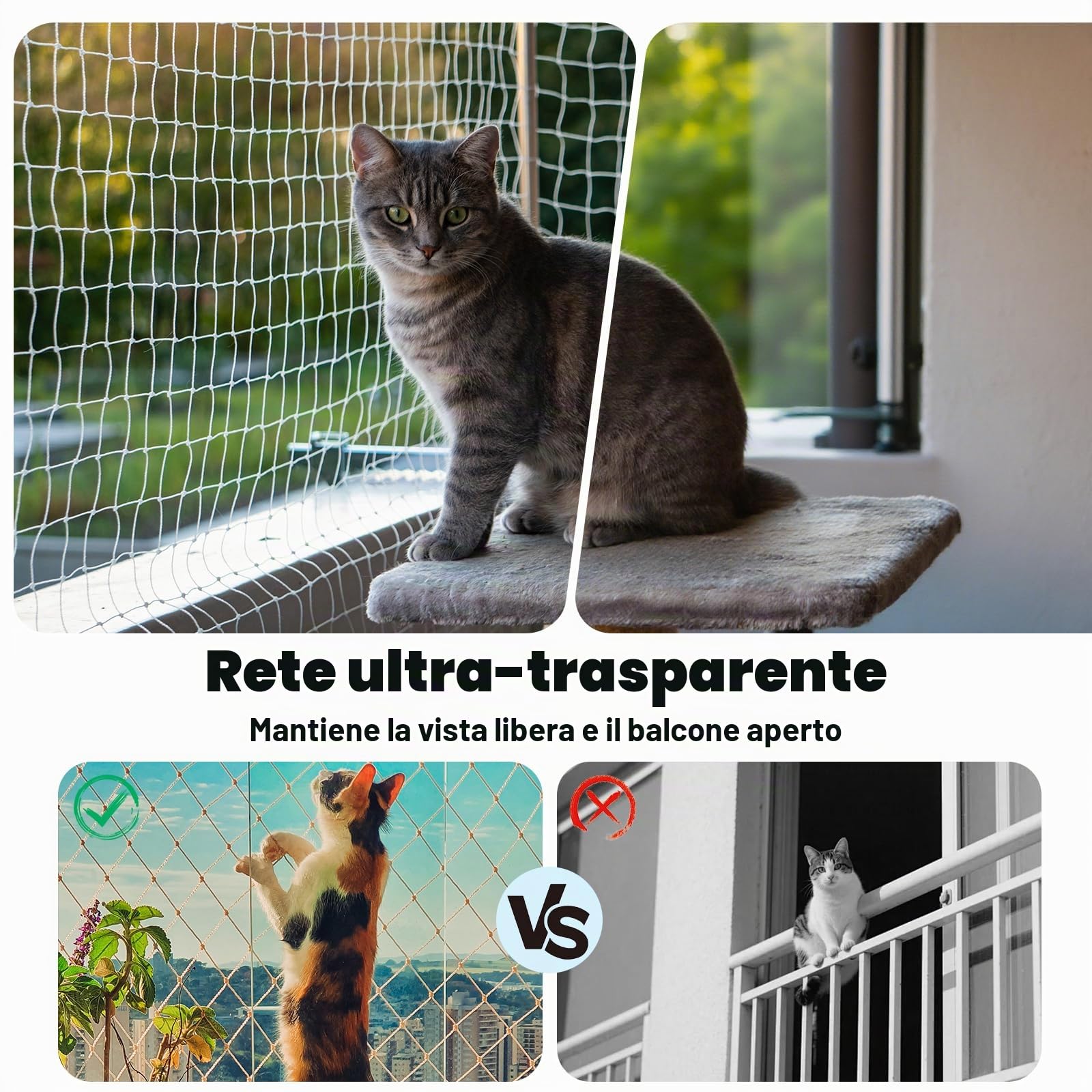 Rete per gatti per balcone, 10 x 3 m, senza fori, resistente ai raggi UV e agli strappi, rete trasparente in nylon per gatti (con kit di fissaggio), rete di protezione per gatti, per finestre | Senza fori, resistente ai raggi UV, antistrappo, con kit di f