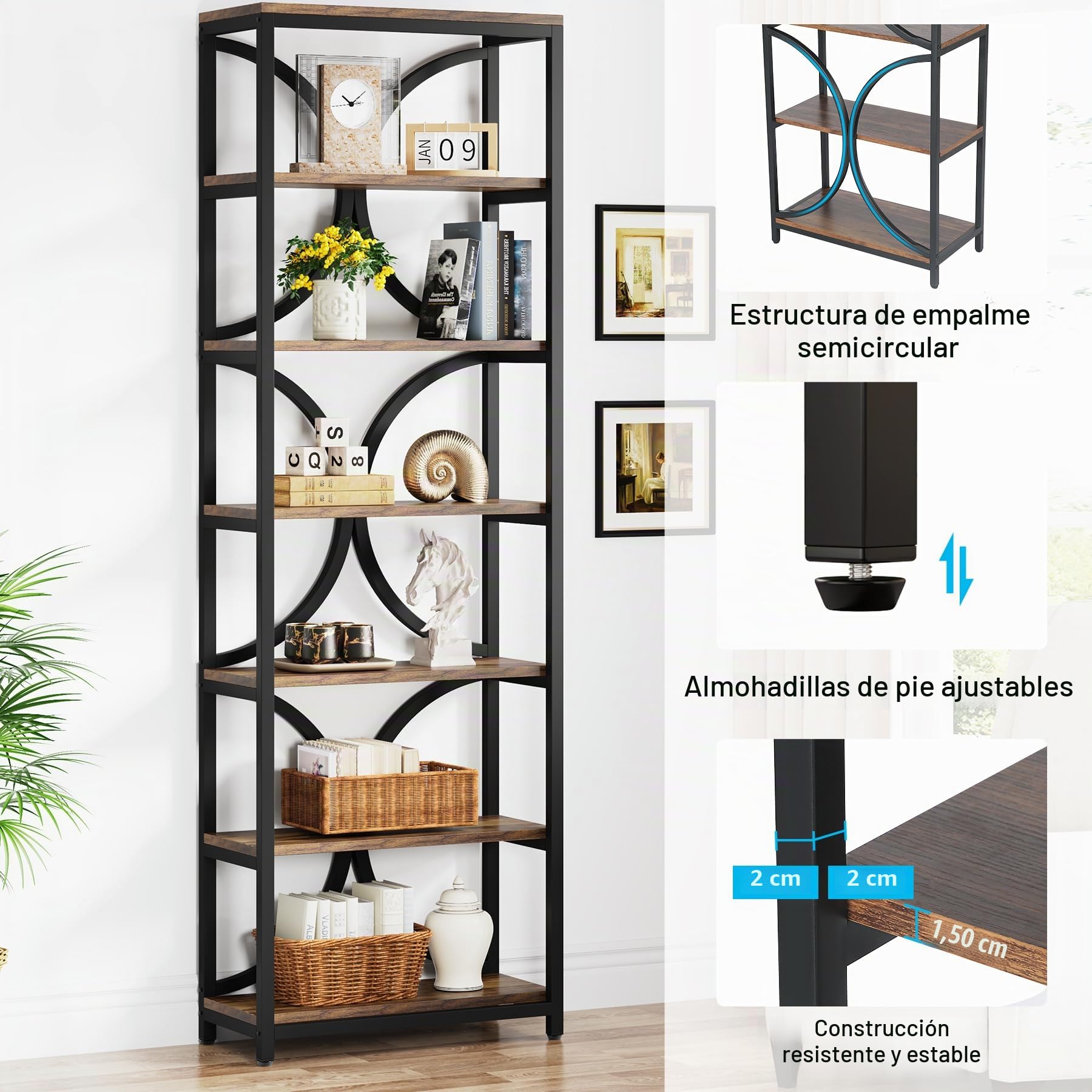 Tribesigns 2 pcs Estantería de 6 Niveles con Abierta Librería, Biblioteca Estante de Almacenaje de Piso Multiusos, Hogar para Oficina, Estudio, Sala de Estar, Dormitorio, Trastero Marrón y Negr