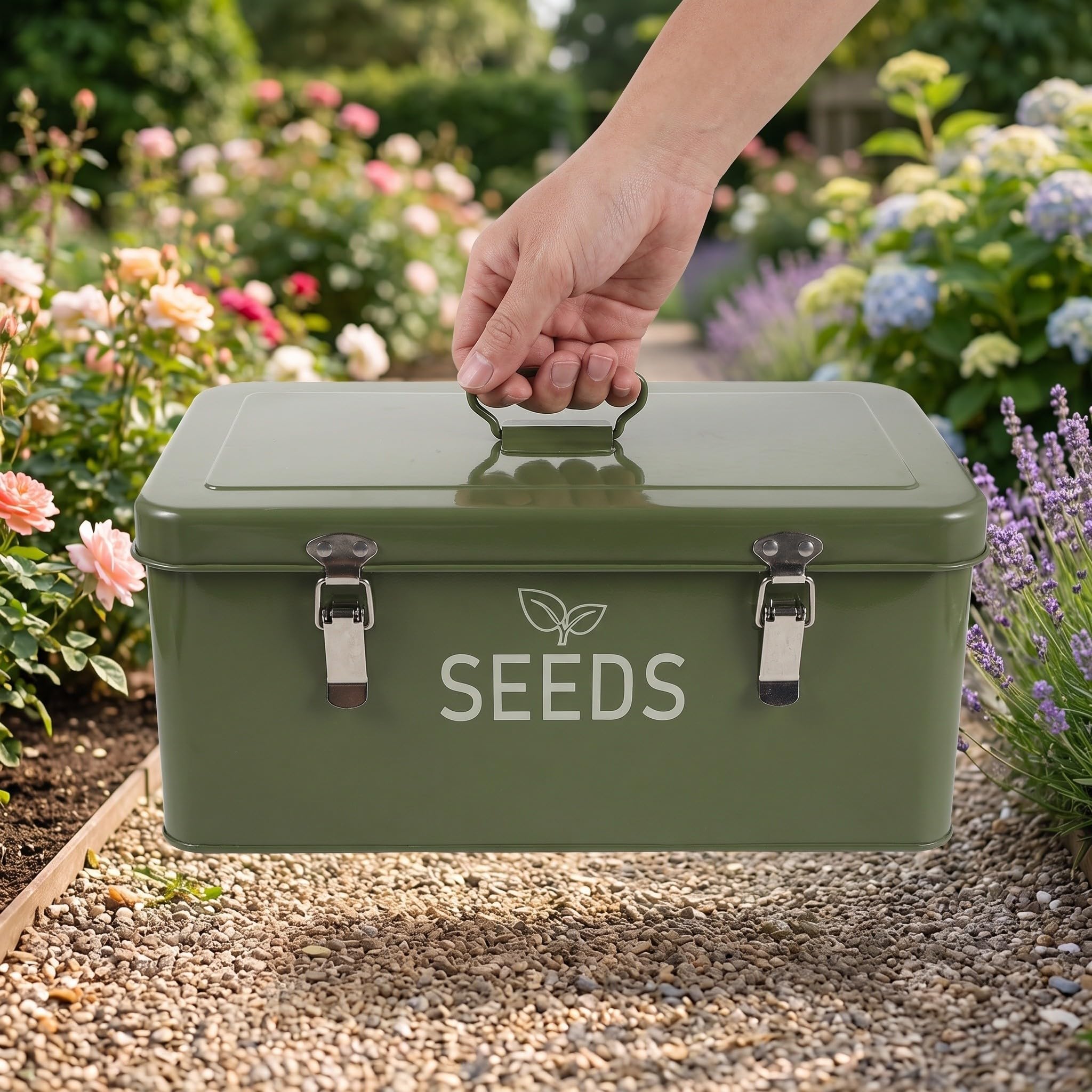 Toyvian Saatgut Aufbewahrungsbox aus Eisen mit Klappbarem Deckel Tragbar mit Griff Sicher Verschließbar für Gartenwerkzeuge und Samenlagerung Größe 33,5x18,5x12,5 Cm