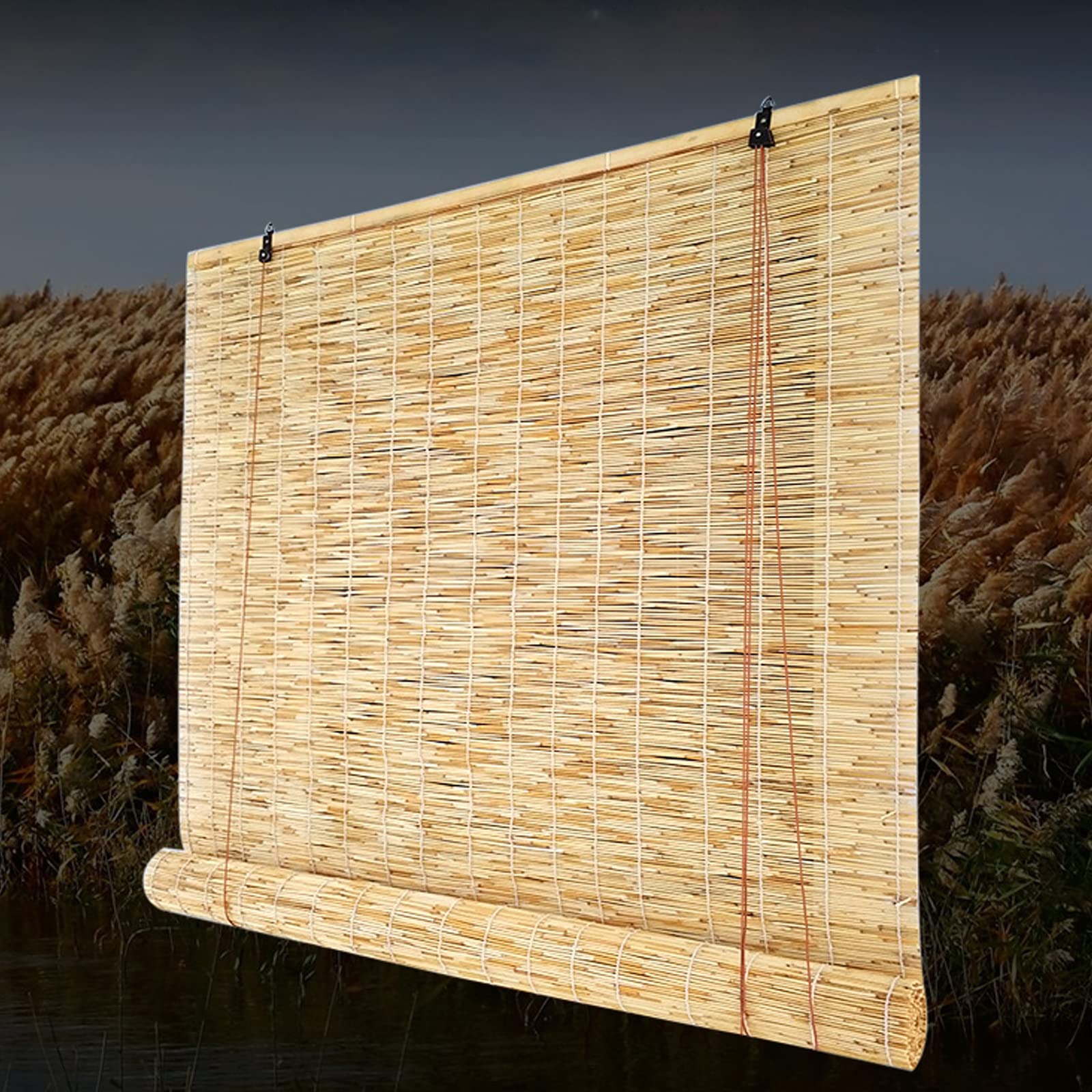 kefu01 Vintage Bamboo Roll Up Window Blind,Reed Curtains,Decorative Bamboo Roller Blinds,Handmade Straw Curtain,Sunscreen Roller Blind Bamboo,with Lifter,for Porch/Balcony (65x65cm/26x26in(WxH))