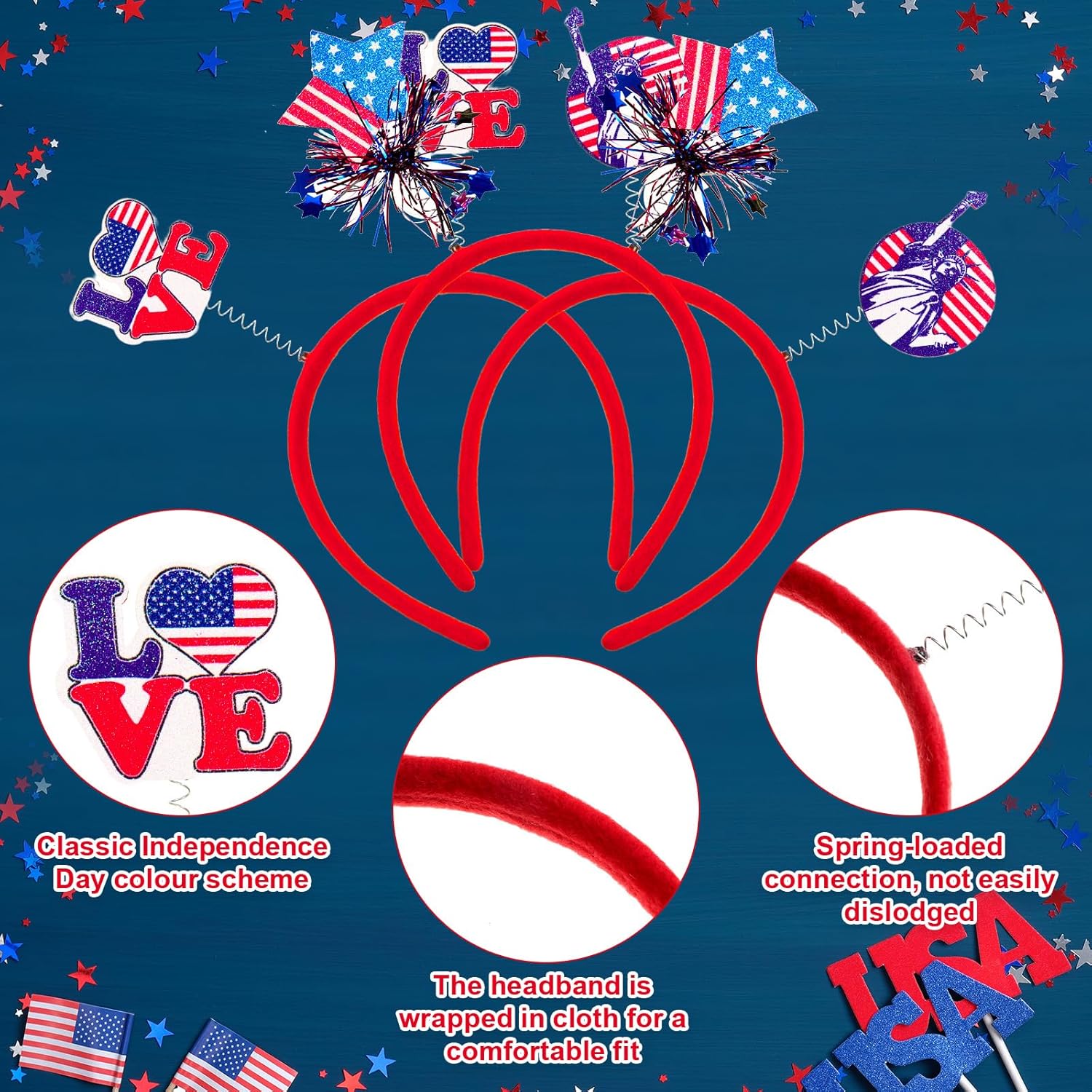 Wavwavw 72 Pcs Patriotic Head Boppers Headband Independence Day American Flag Head Headband Red Blue White 4th of July Accessories for Women Parades Veterans Day Accessories Favors