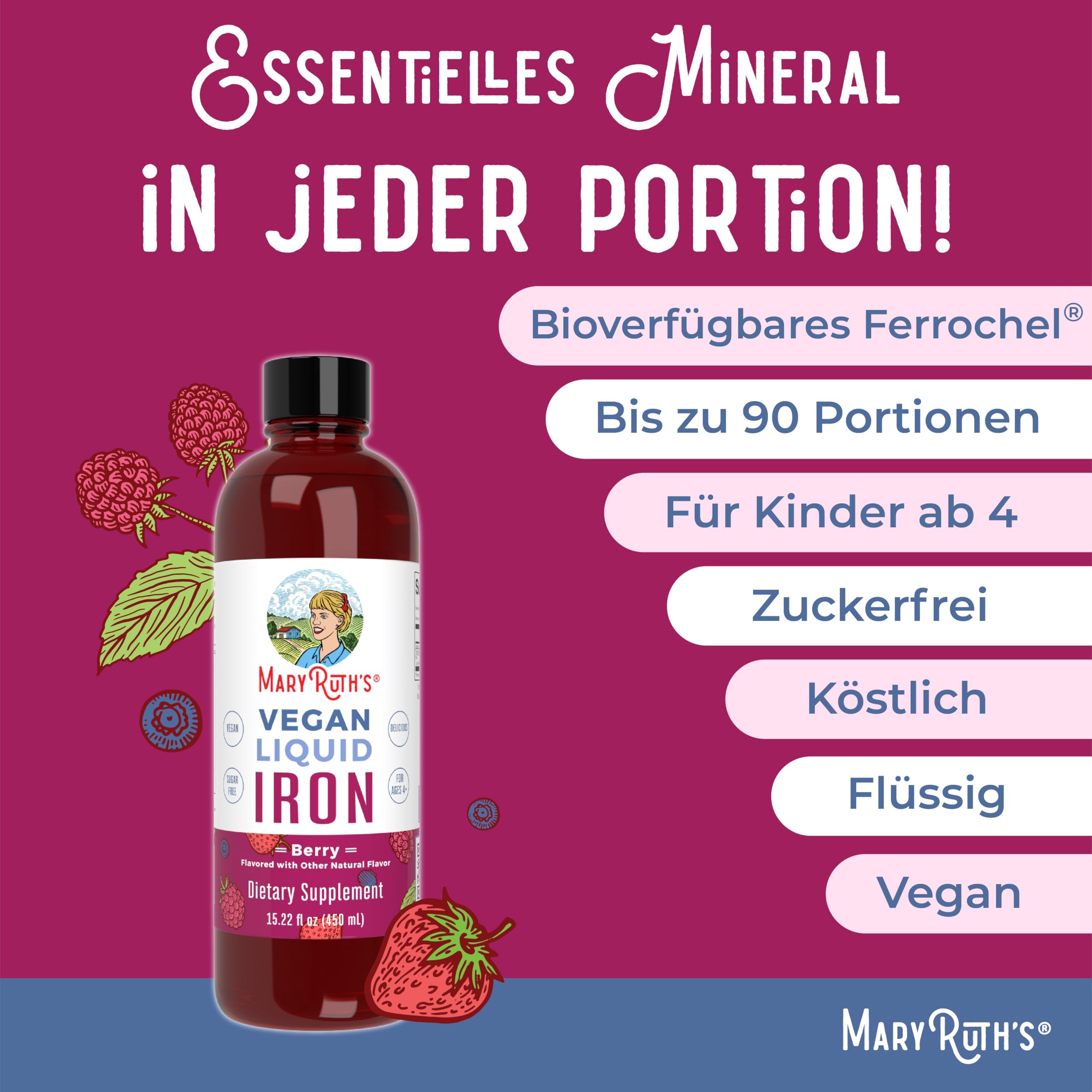 MaryRuth's, Liquid Iron, 450ml, 18mg Eisen je Dosis, Beerengeschmack, Vegan, Glutenfrei, Sojafrei, GMO frei