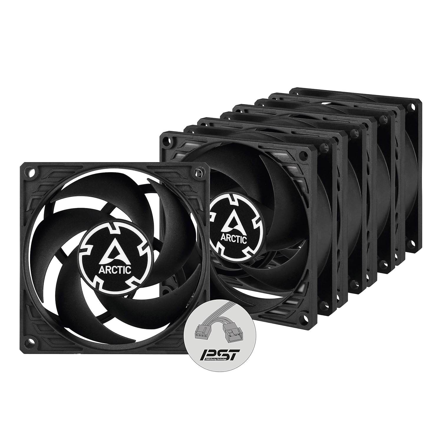 ARCTIC P8 PWM PST (5 Pack) - PC Fans, 80mm Case Fan with PWM Sharing Technology (PST), Pressure-optimised, Quiet Motor, Computer, Fan Speed: 200–3000 RPM - Black