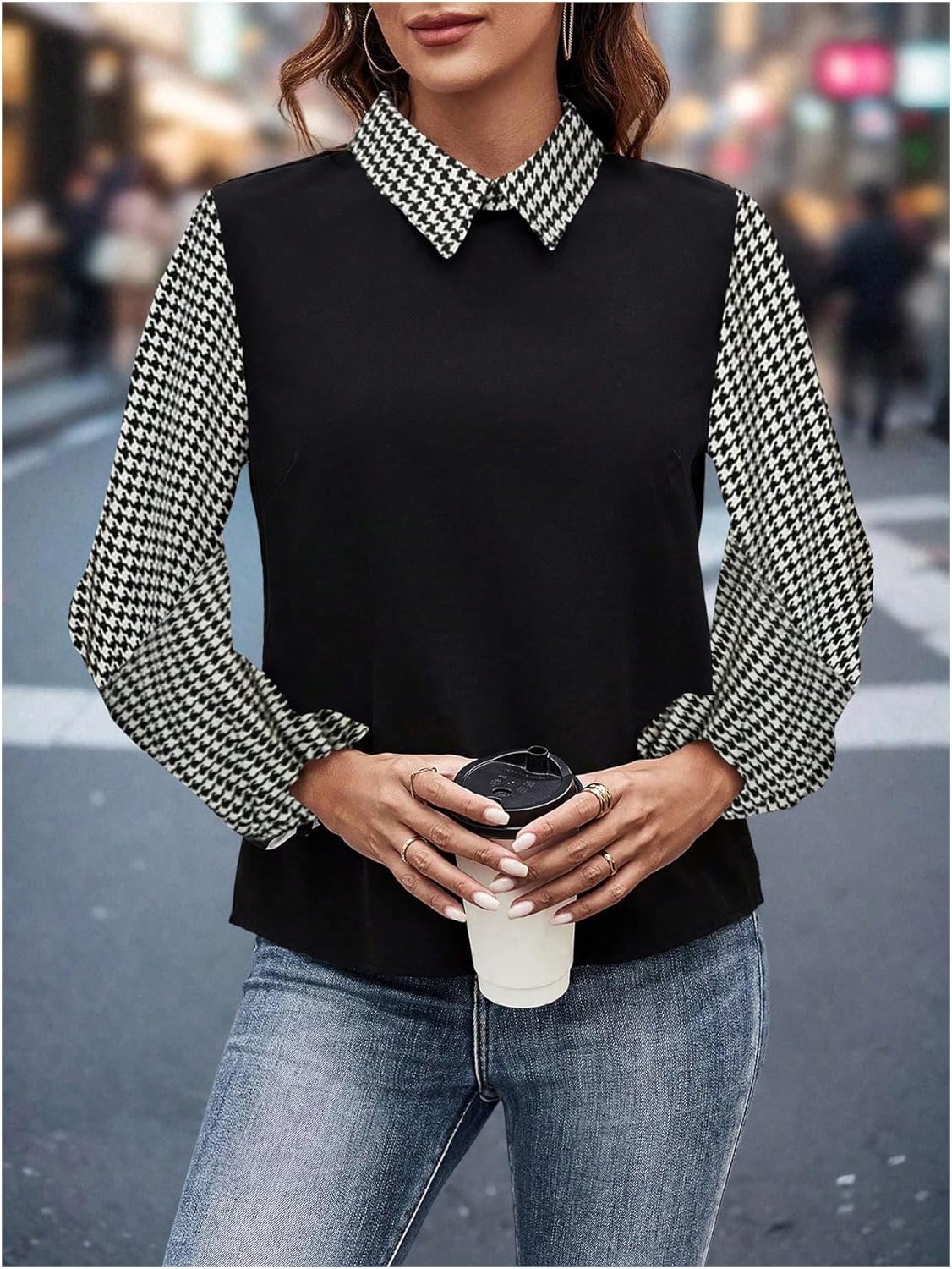SweatyRocks Women's Houndstooth Dressy Casual Shirts Collared Long Sleeve Shirts Office Work Blouses - Image 4