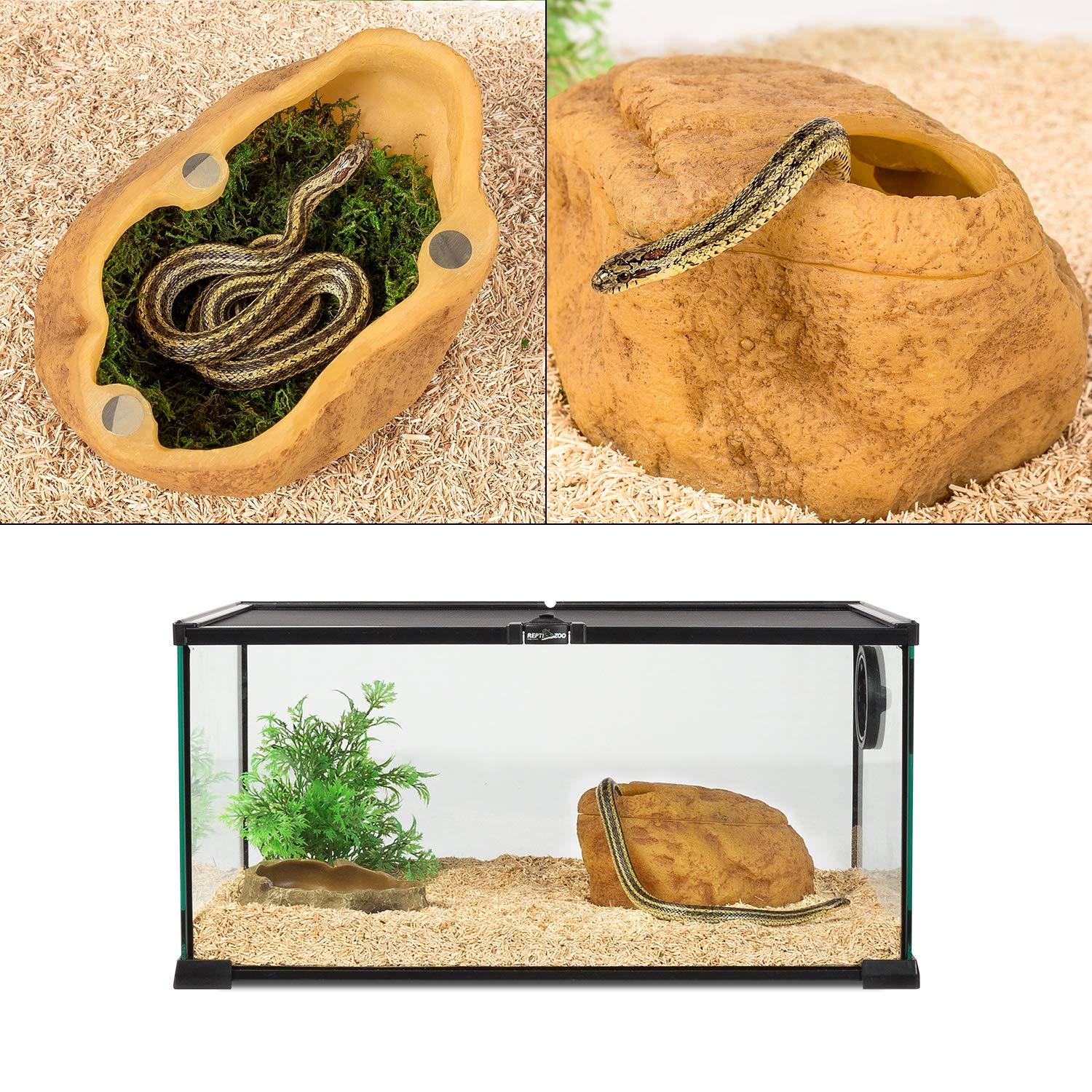 Reptizoo Cueva de piel de reptil, cueva de serpiente y cueros, 3 en 1 atracción magnética cueva para serpiente, pitón de bola, reptiles de geckos (tamaño mediano)