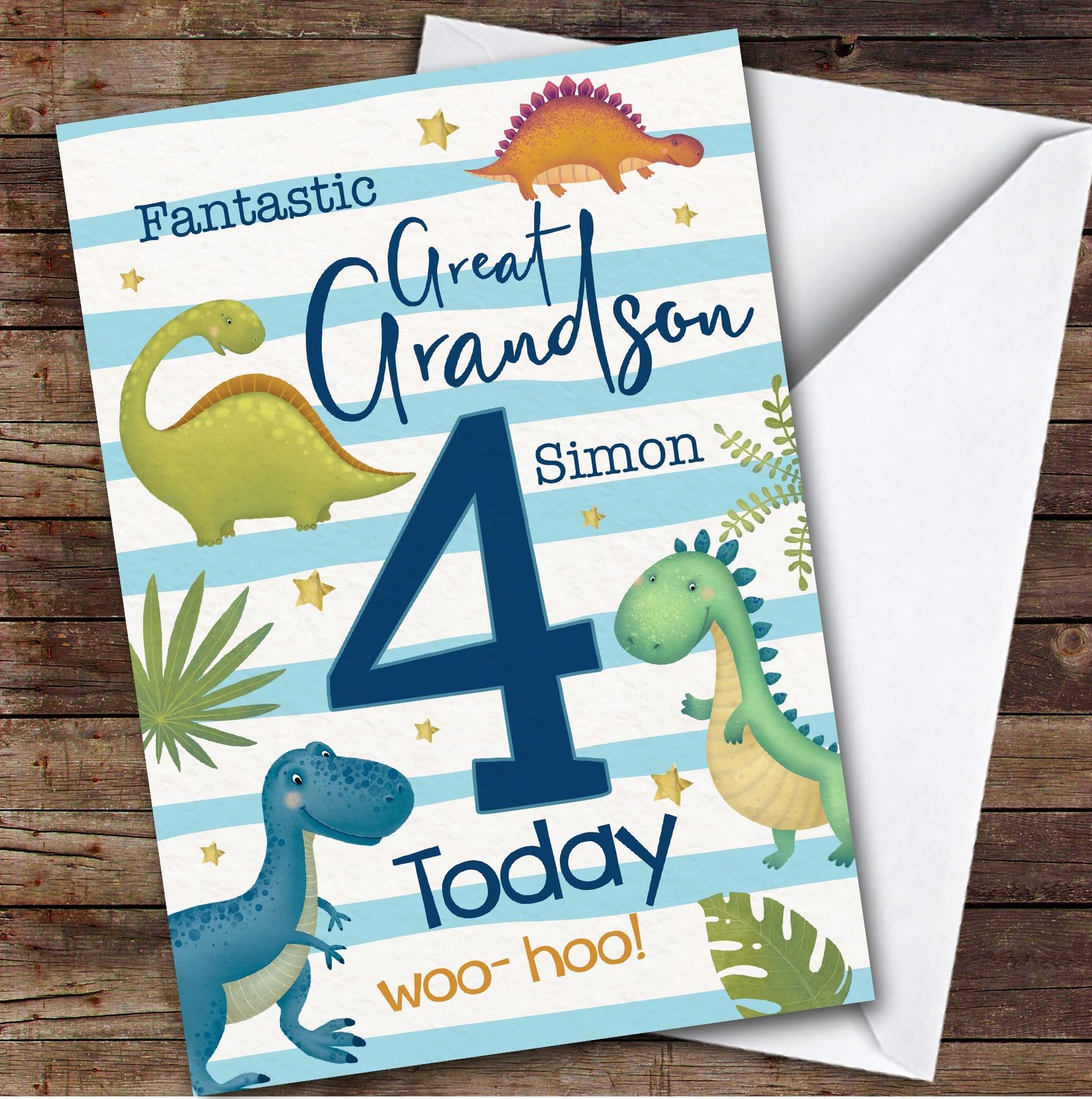 Great Grandson 4th Watercolour Dinosaurs Boys Custom Personalised Birthday Card - Personalised Birthday Card For 4th Birthday, Custom Birthday Card