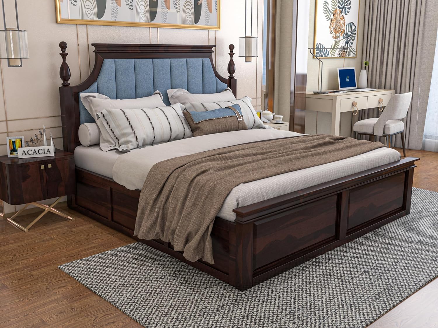 Craft Wooden King Size Bed with Storage | Double Bed Cot Bed with Box Storage & Blue Colour Upholstered Cushioned Headboard for Bedroom | Sheesham Wood, Walnut Finish