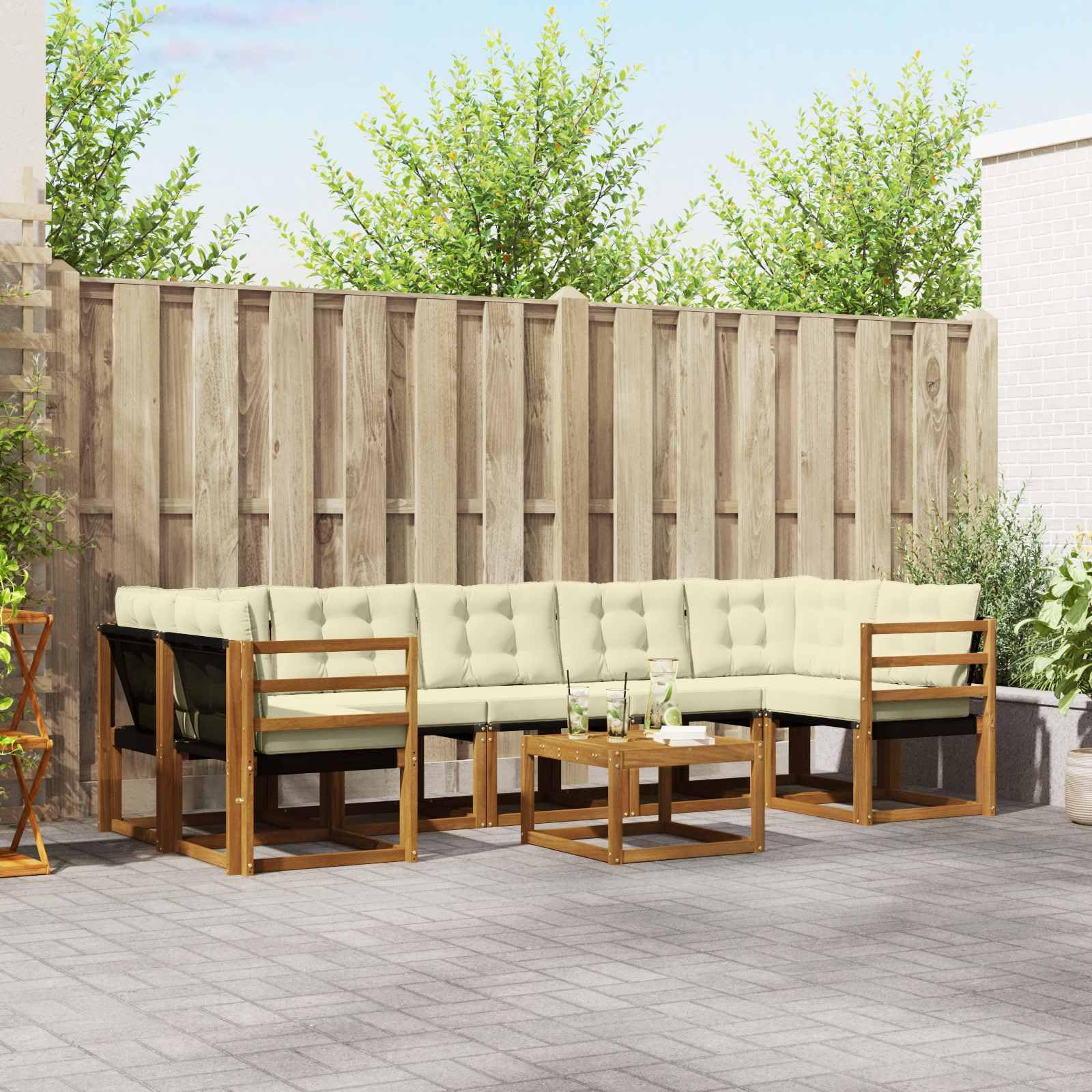 Outdoor-Sofagarnitur mit Kissen 8 pcs aus massivem Akazienholz Natur Creme, inklusive Tisch und Sitzgruppe, wetterfest, ideal für Garten Terrasse Poolbereich