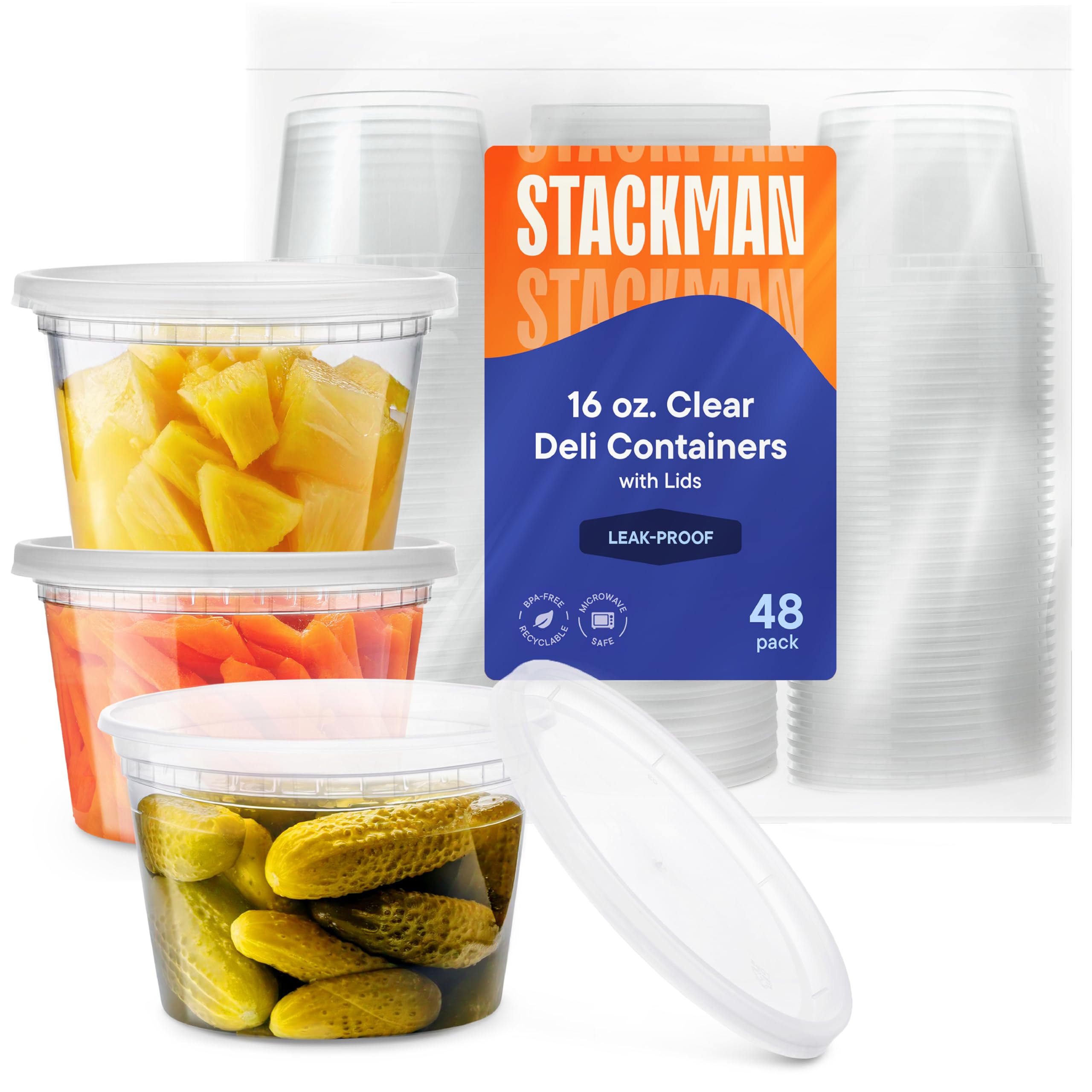 Stack Man [48 Pack, 16 oz Plastic Deli Food Storage Soup Containers with Airtight Lids, Freezer Safe | Meal Prep | Stackable | Leakproof | BPA Free, Clear