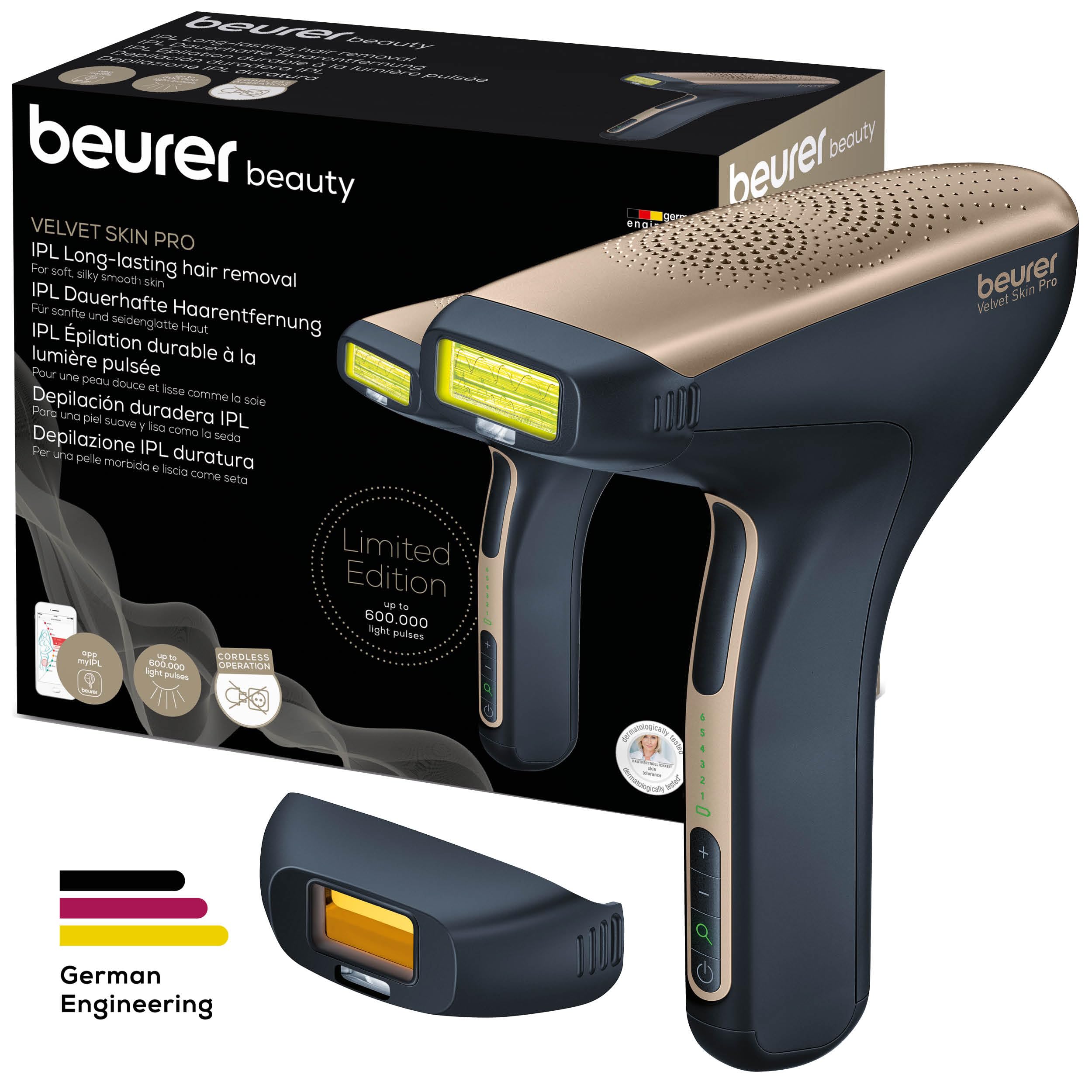 Beurer IPL Velvet Skin Pro Haarentfernungsgerät mit Akku, dauerhafte Haarentfernung durch IPL-Technologie, für Körper, Gesicht, Bikinizone, mit App, schwarz