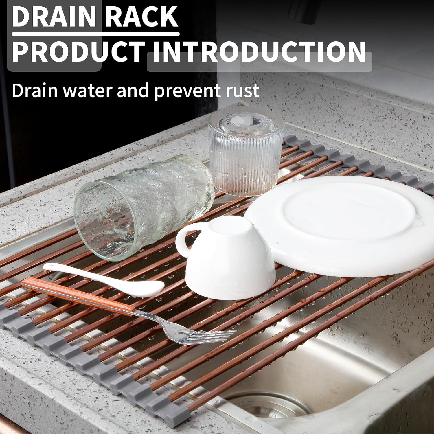 11.8" x 17" Expandable Roll Up Over The Rack Sink Cover Kitchen Dish Drying Rack,SUS304 Stainless Steel Multipurpose Collapsible Organizer Dish Drying Rack for Kitchen Sink Cover,Rose Gold