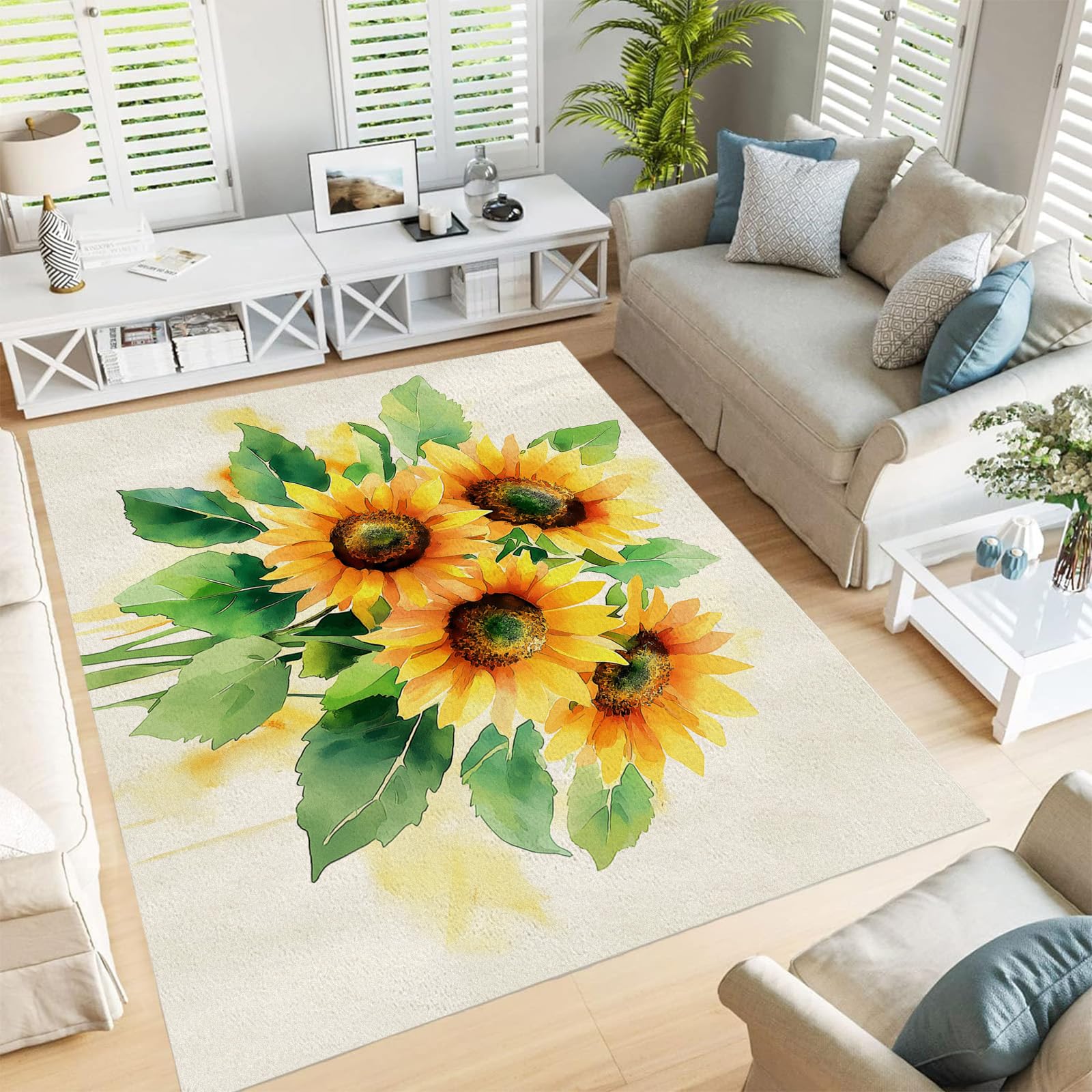 Tapis de salon doux tournesol aquarelle pour un séjour lumineux de 160x230cm