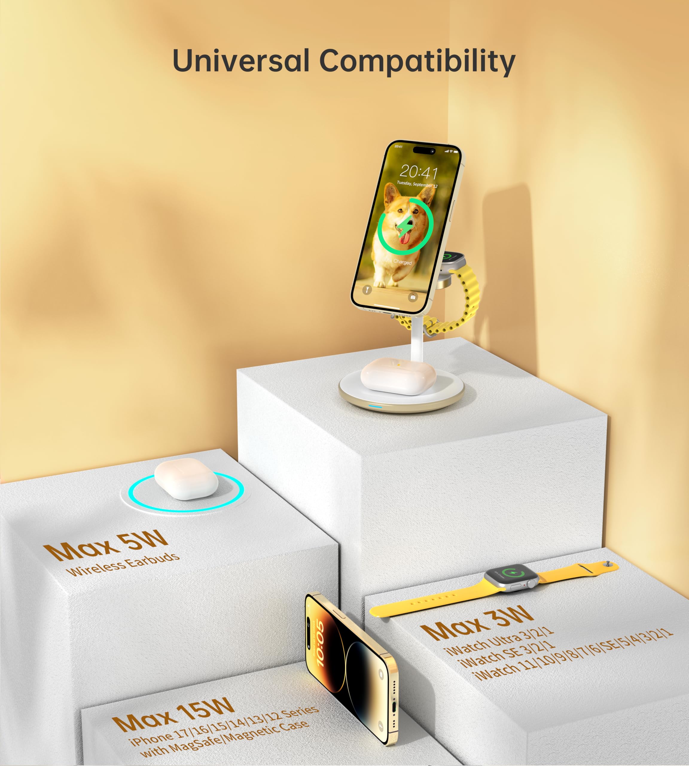 XooFly Stazione di ricarica magnetica wireless 3 in 1 per dispositivi Apple, 15 W | Supporto per ricarica rapida per iPhone 17 16 15 14 13 12 Series Apple Watch Ultra Airpod Pro, oro