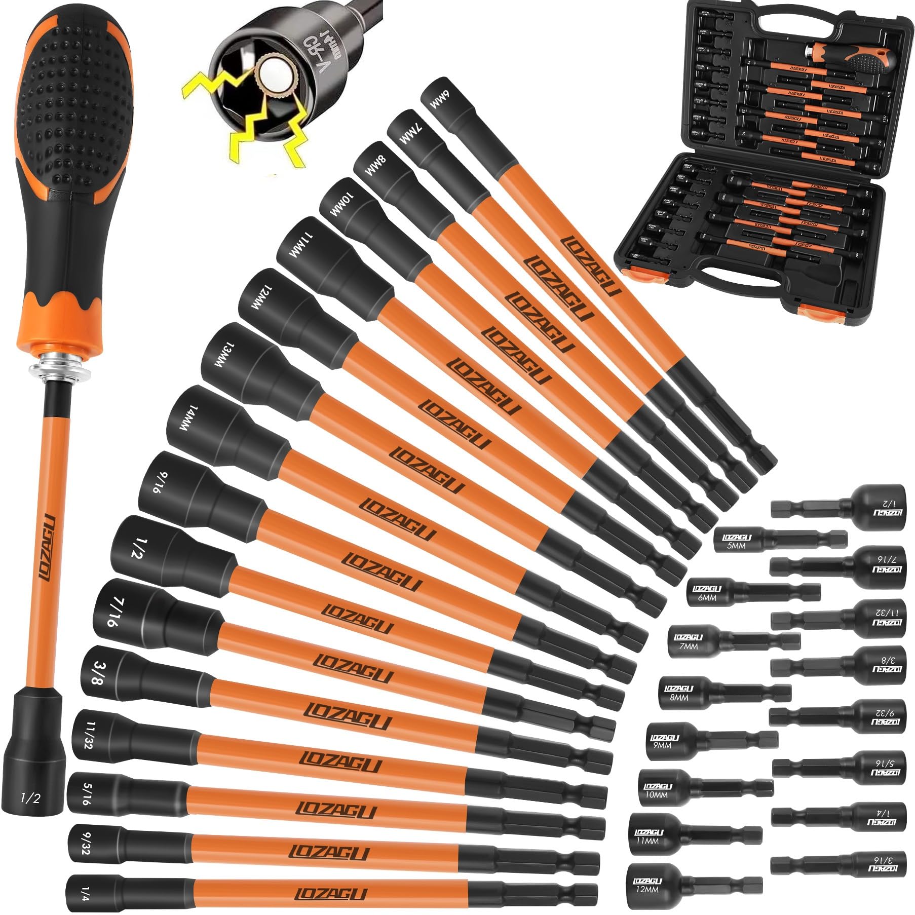 33PCS Magnetic Nut Driver Set with Long Handle | 6 Inch Long Nut Driver Set | SAE and Metric | 1/4 Inch Hex Shank | Cr-V Steel