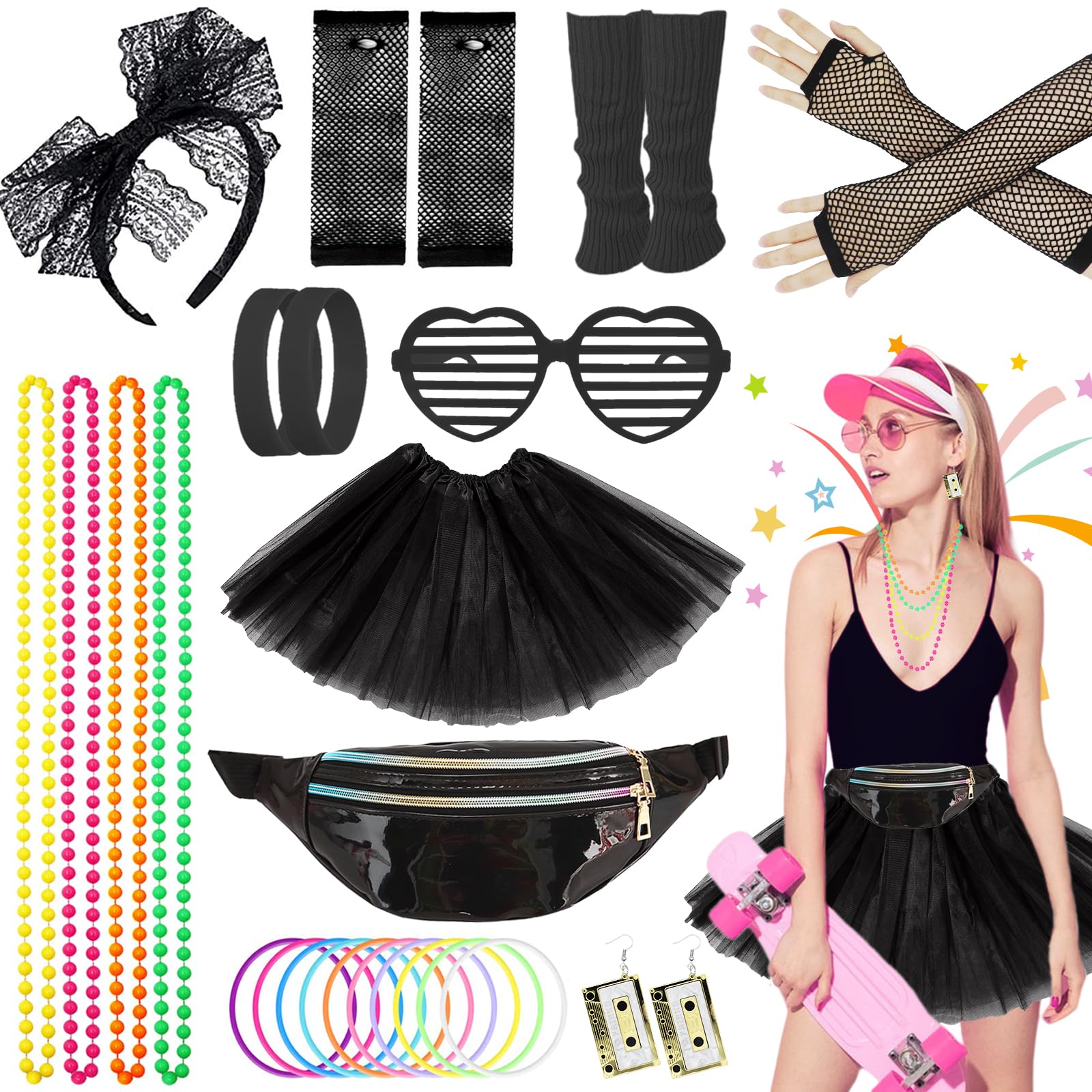 80s Fancy Dress for Women, 1980s Party Costume Accessories Set Bumbag Tutu Skirt Leg Warmer Earrings Fishnet Gloves Necklace Glasses Bracelet Headband, Retro Outfit for 80s Party/Dress up Day