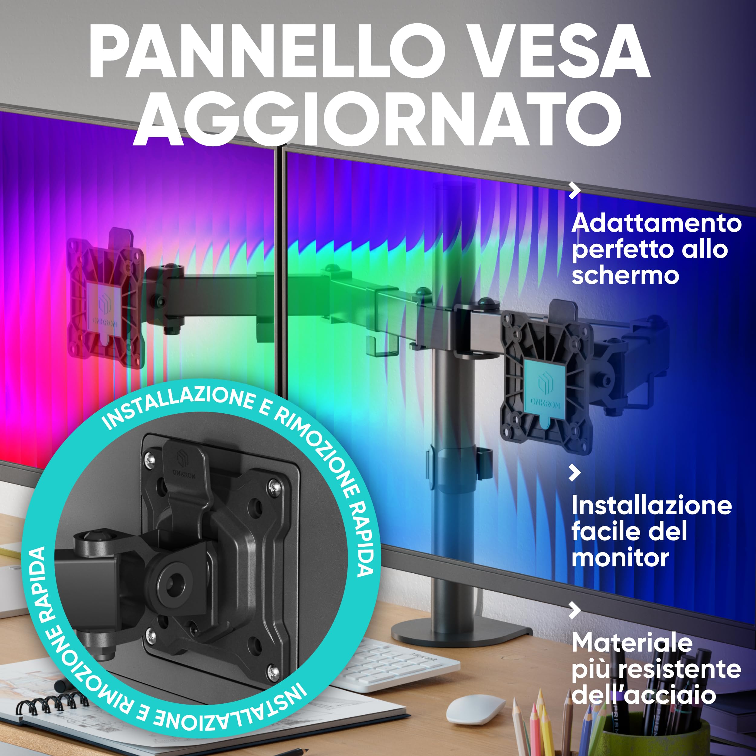 ONKRON Braccio Monitor Doppio 13"-32", Carico Totale 16 kg, Supporto Monitor con VESA 75x75-100x100 mm, Supporto Schermo PC Scrivania Girevole e Inclinabile, Porta Schermo Universale, Nero D221E-B