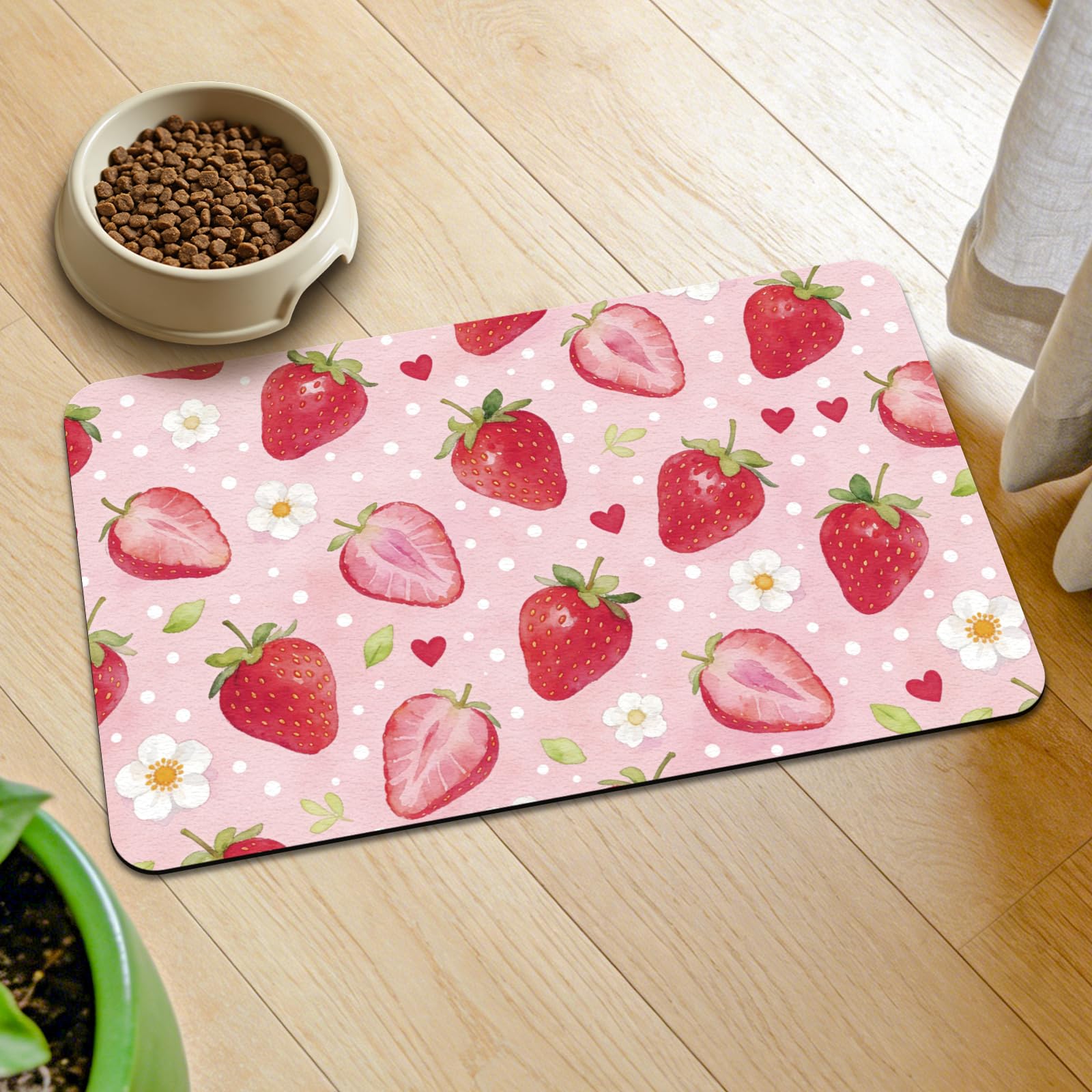 GLOBLELAND Pink Strawberry Pet Food Mat for Floors 11.8×20 inch Dogs Food Mats Absorbent Dog Bowl Mat Quick Dry Dog Cat Pet Placemats Pets Supplies for Water Dispenser