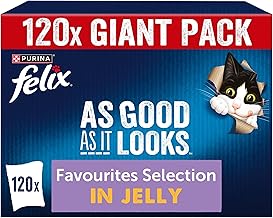 FELIX As Good As it Looks Adult Wet Cat Food Favourites Selection in Jelly Salmon, Tuna, Beef, Chicken 120 x 85g Pouches