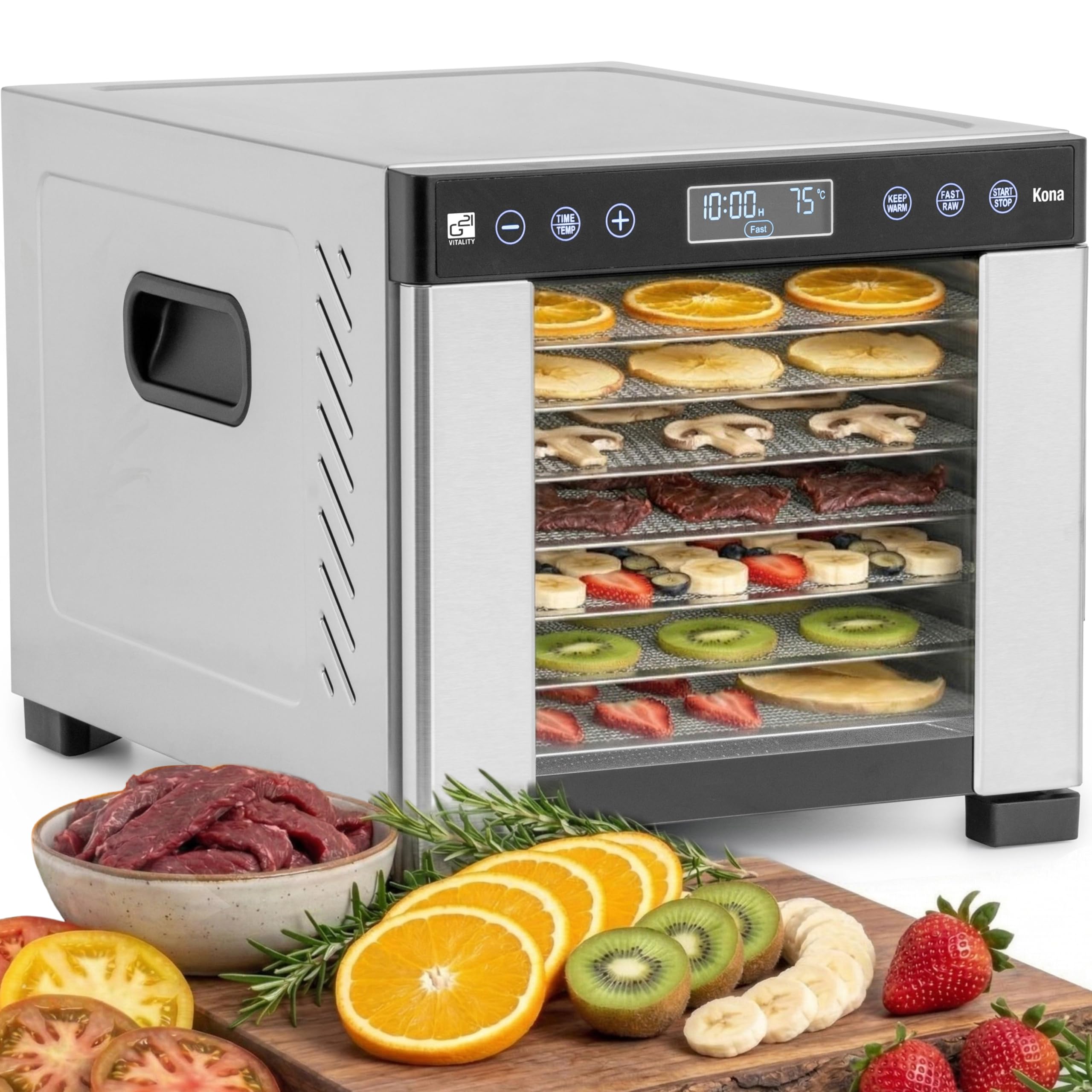 G21 Kona Edelstahl Dörrgerät 7 Ebenen 0,48 m² | 7 Edelstahl-Gitter, 0,48 m² Trockenfläche, 35–75 °C, 48h Timer, 600W