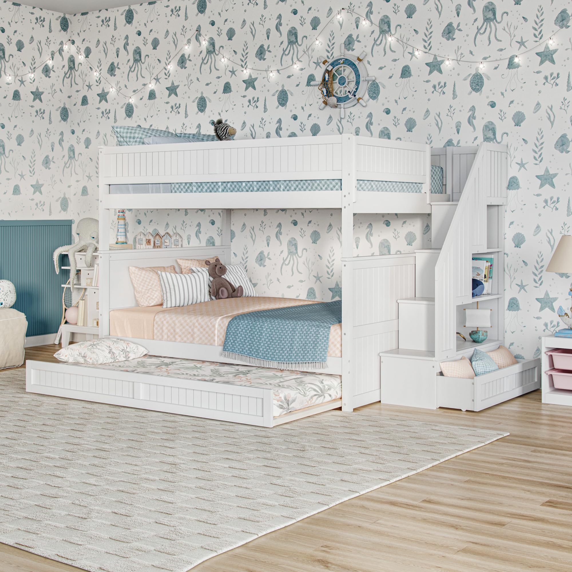 Assembled AFI Dover Full Over Full Wood Staircase Bunk Bed with Drawer and Trundle in White