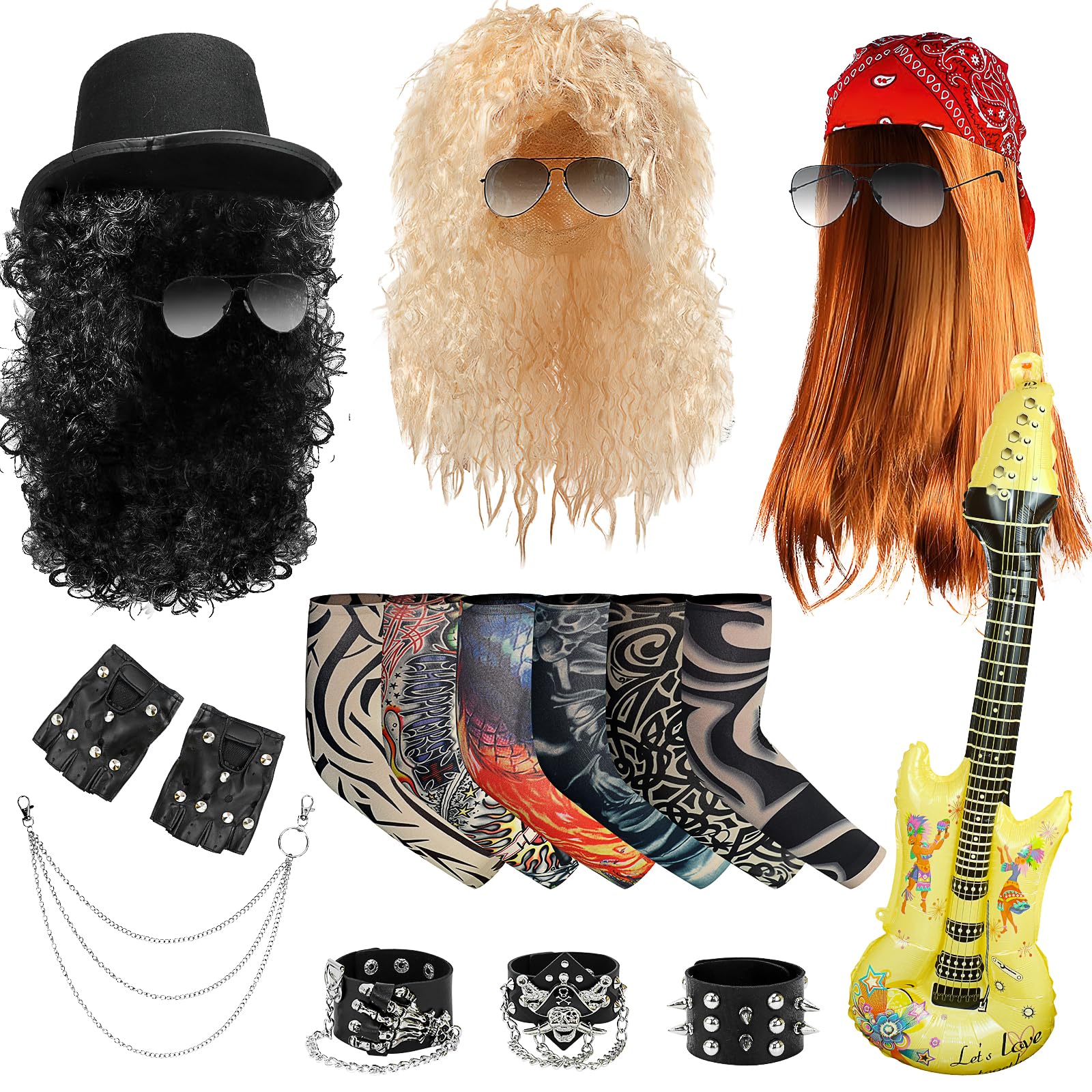 PQHIQ 3 Set Rockstar Fancy Dress, Glam 80s 90s Men Costume Outfit with Heavy Metal Wigs Vintage Headband Sunglasses Gloves Tattoo Sleeves Rock Hard Rocker Accessories World Book Day Costumes
