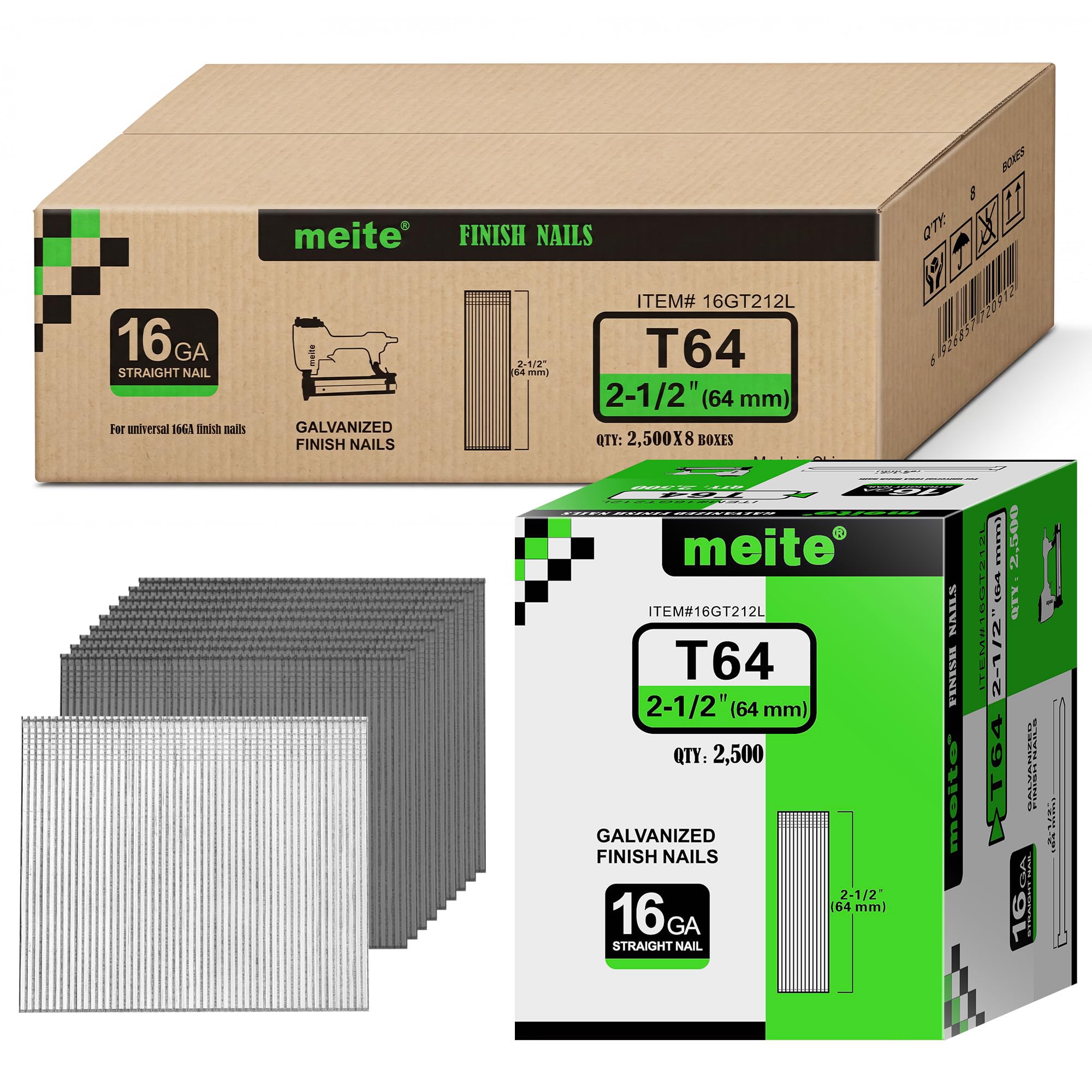meite 16 Gauge Finish Nails 2-1/2 Inch Galvanized Straight T-Nail 20,000PCS