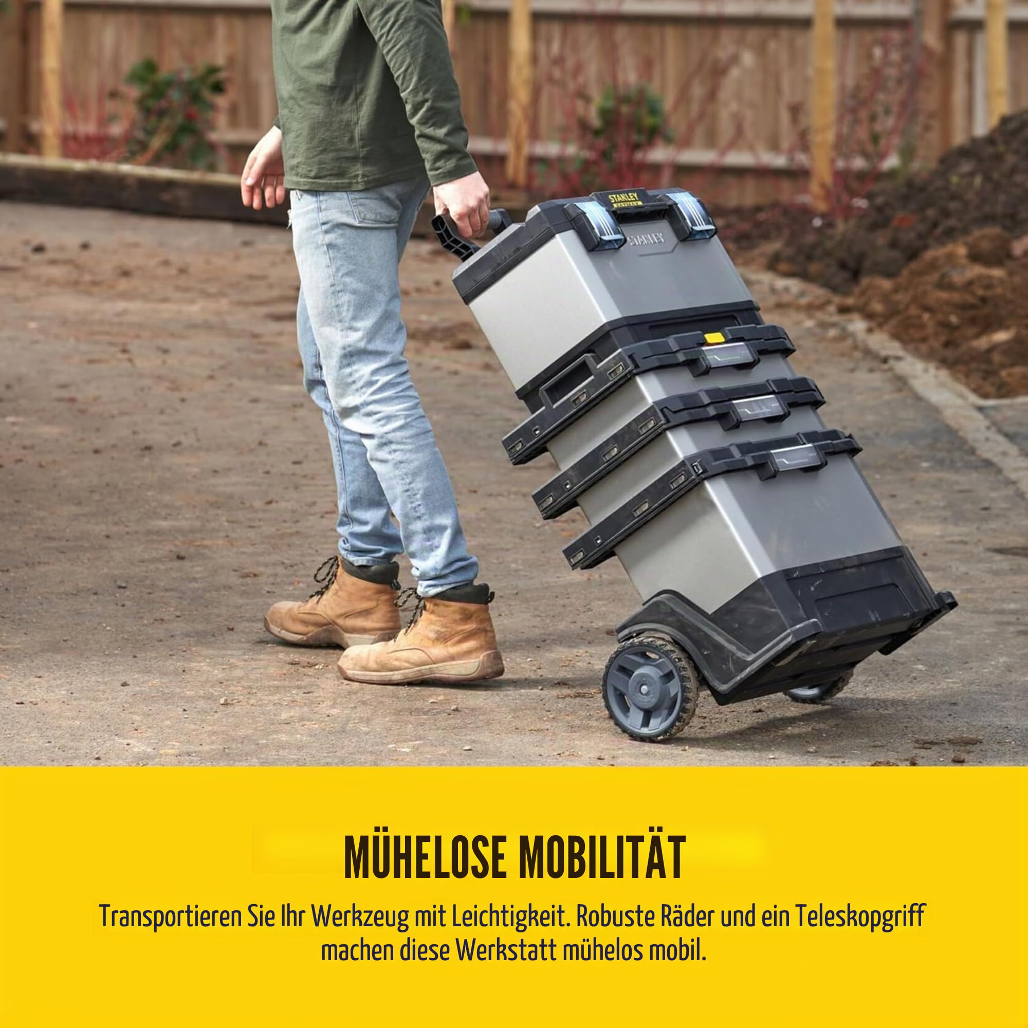 STANLEY FATMAX Rolling Workshop, 4-in-1-Geräte einschließlich abnehmbarer Werkzeugbox, strapazierfähiges Metall und Kunststoff, mobile Workstation, 1-95-622