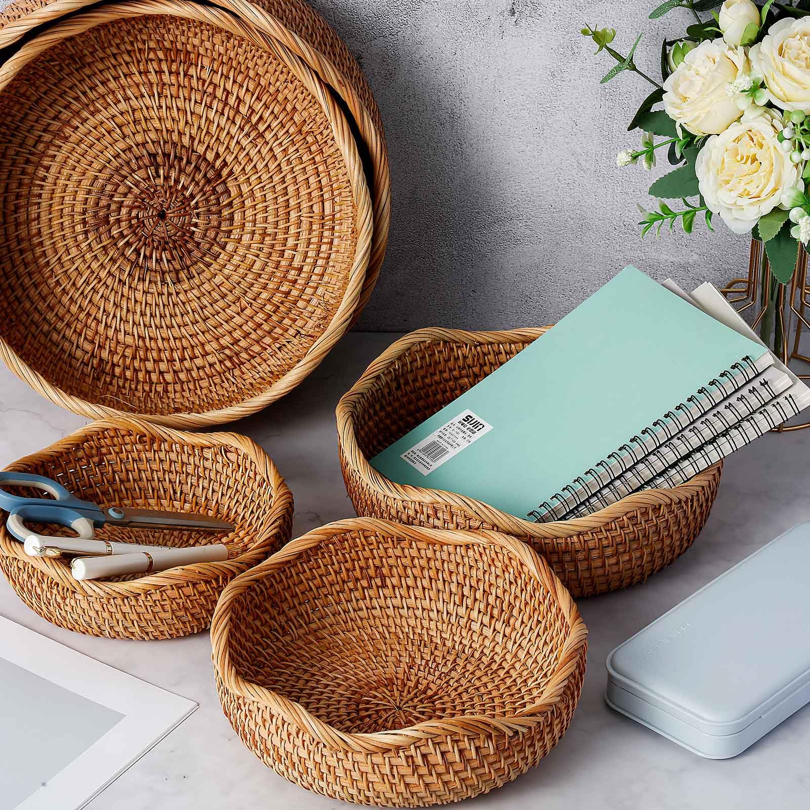 Layhit 5 Pcs Round Rattan Basket Bread Baskets for Serving Natural Wicker Bowl Basket Woven Fruit Storage Baskets for Home Countertop Kitchen Party Organizing, 5 Sizes - Image 5