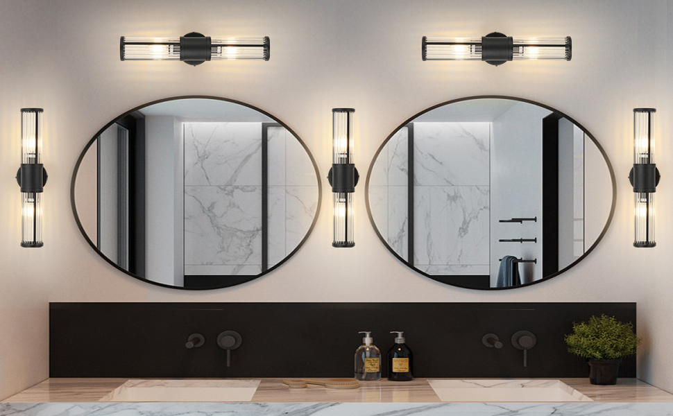 Image of 19.69 inch Modern Bathroom Wall Sconce Light Fixture, Black Glass Rod Vanity Light with E12 Base, Up or Down Mounting for Mirror Makeup Lighting (Bulbs Not Included)