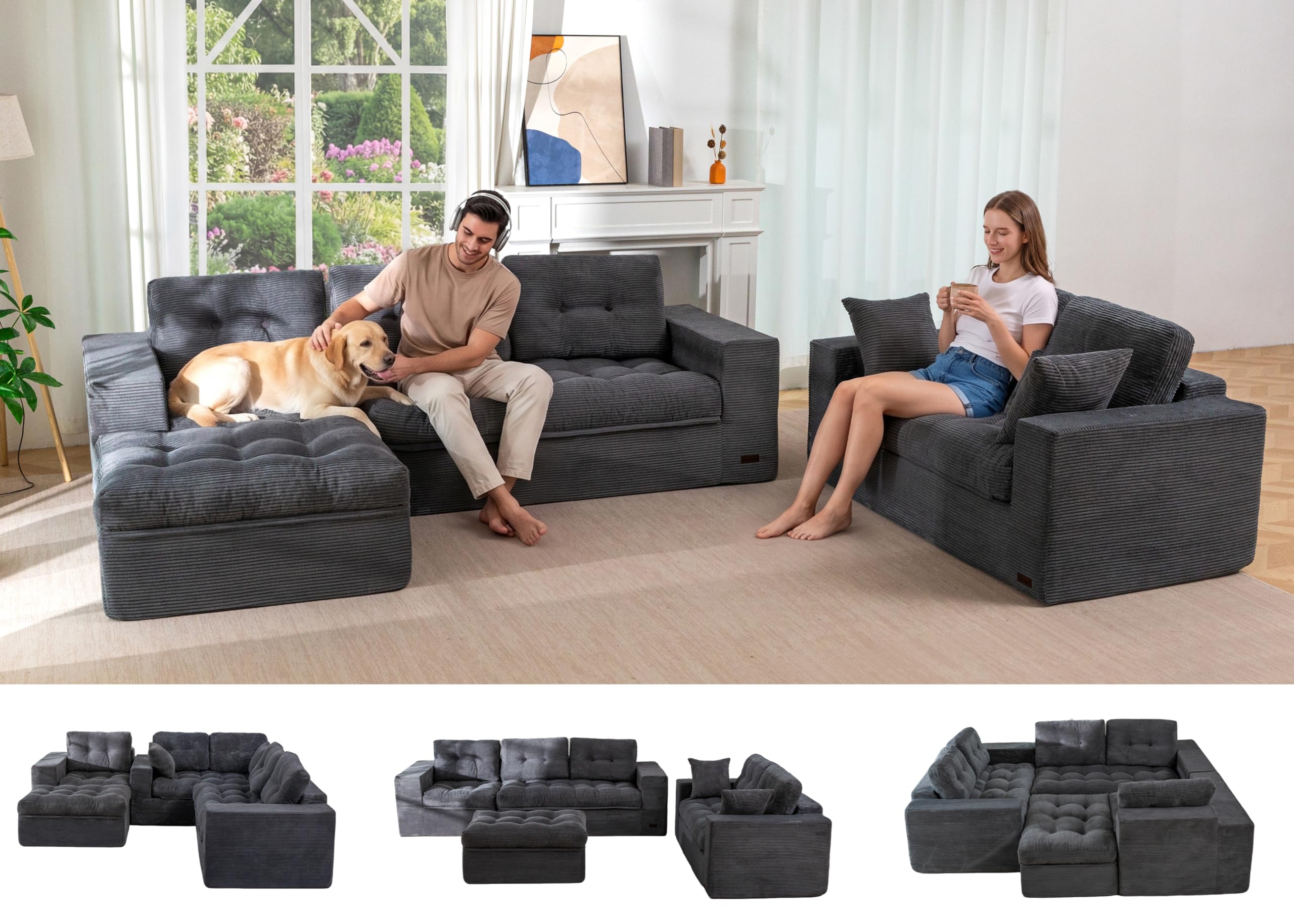 MAXYOYO Modular Sectional Sofa with Ottoman and Loveseat, Cloud Boneless Couch with Layered Cushion, Flexible Module Combination Sofa for Living Room, No Assembly Required,Dark Grey