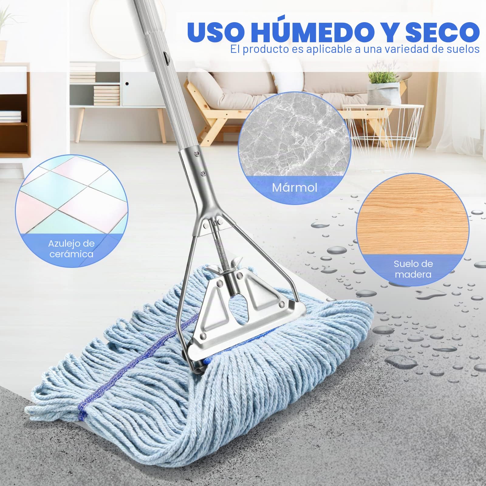 Mopa SOBONNE de Cuerda para Limpieza de Suelos, Industrial Comercial, Resistente con Cabezal de Microfibra de Algodón, Mango de Acero Inoxidable de 59 Pulgadas, Mopa Húmeda para Hogar, Garaje, Azul