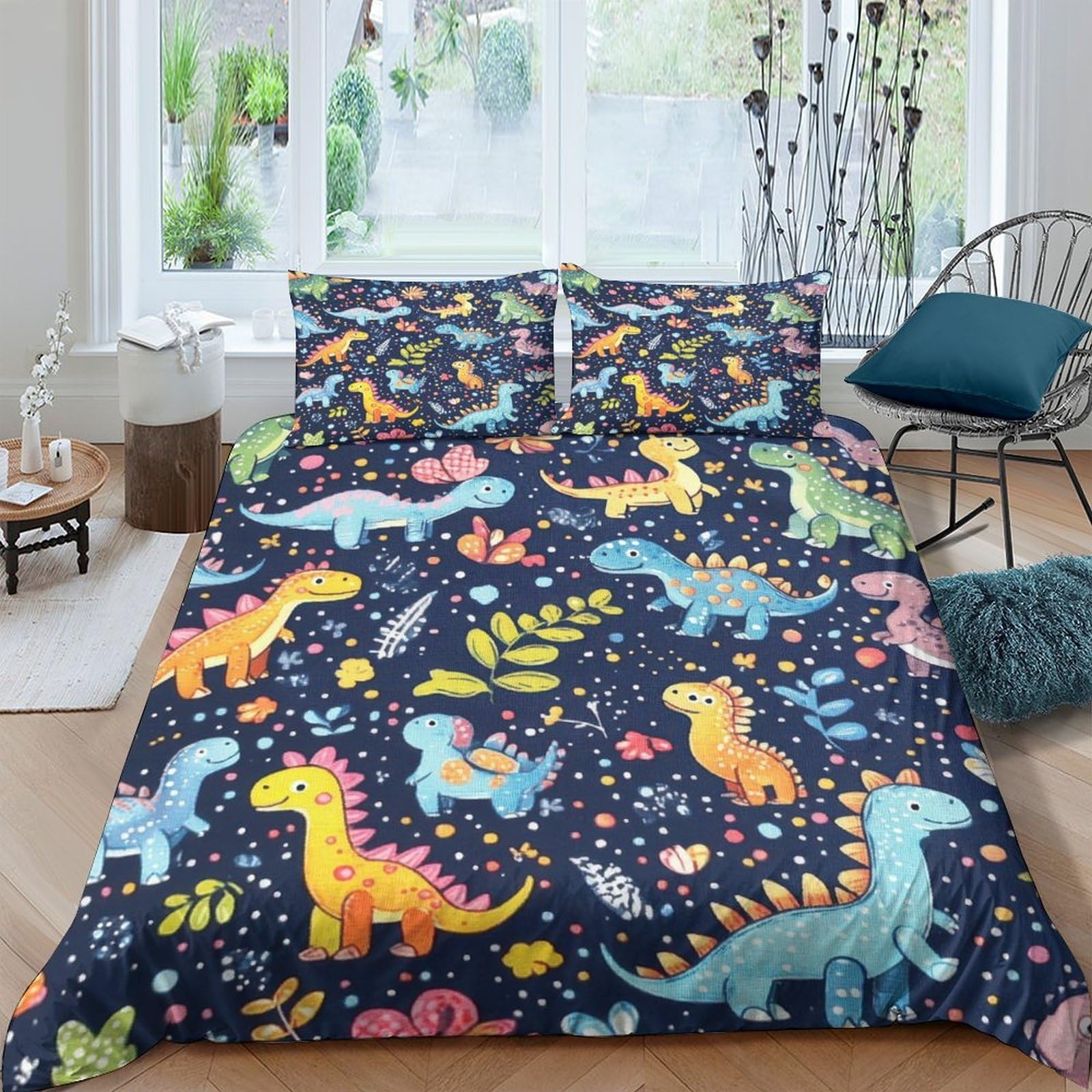 TUFRTGYHN 3D Printed Cartoon Dinosaur Duvet Cover Microfiber Soft Breathable Forest Bedding Set with 2 Pillowcases for Bedroom Decor 120gsm Single（135x200cm）