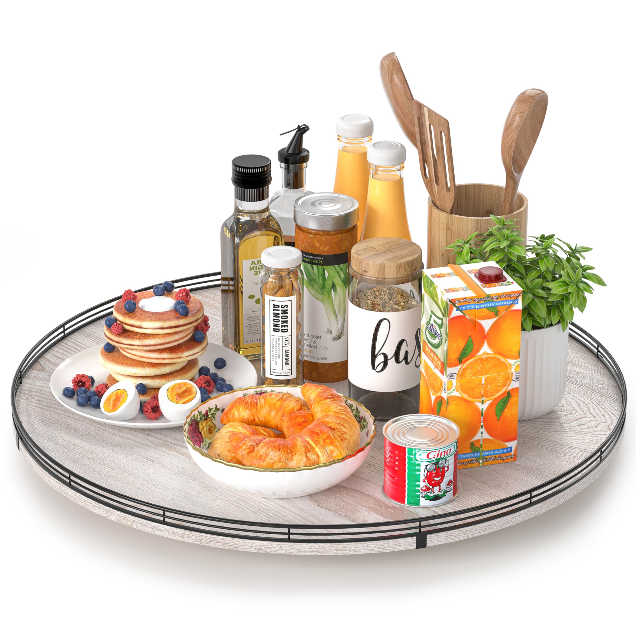AMH 24-Inch Whitewashed Farmhouse Wooden Lazy Susan Organizer
