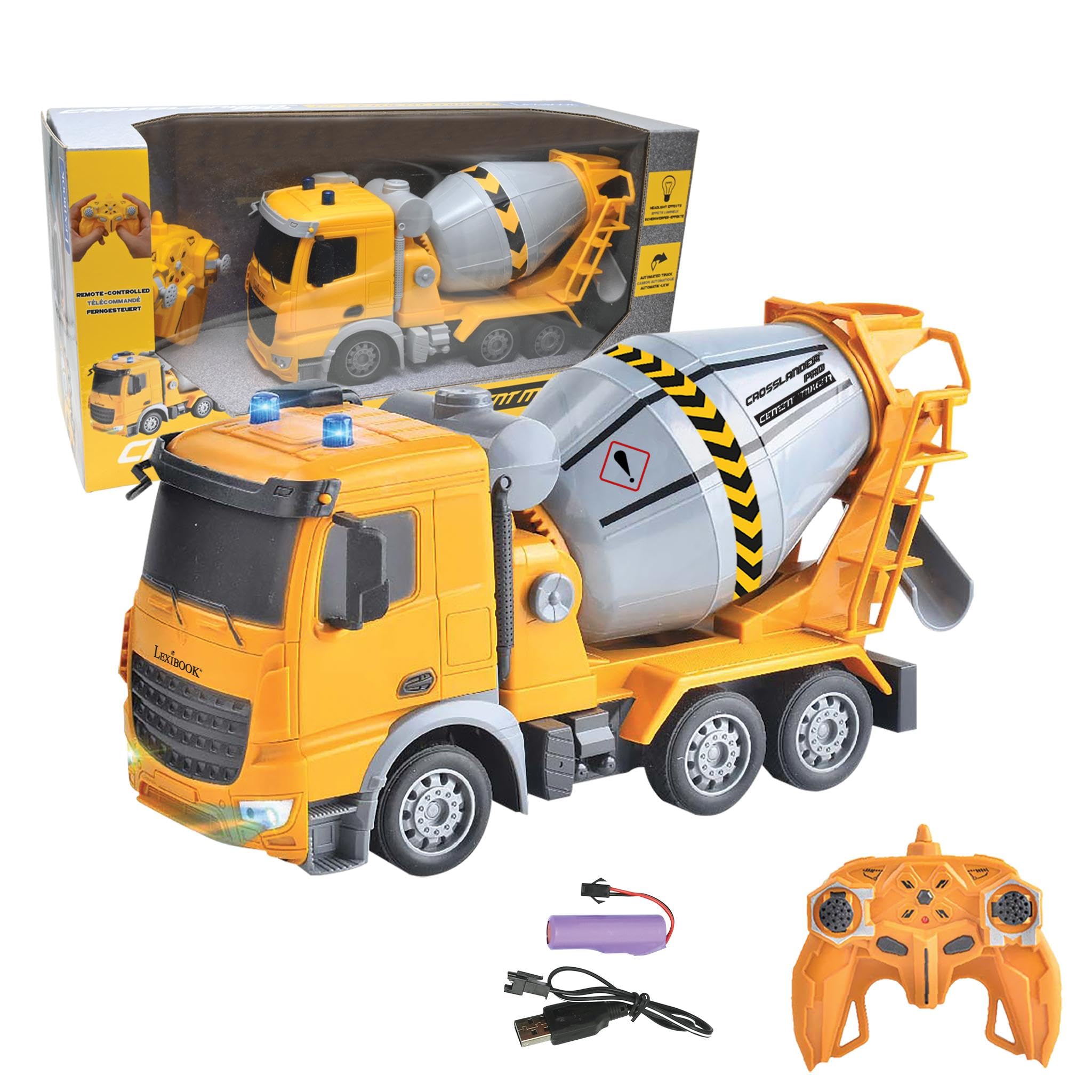 LEXIBOOK, Crosslander® Pro, RC Concrete Mixer, remote controlled truck mixer, light effects, 360° rotating tank, rechargeable, RCP15LXB