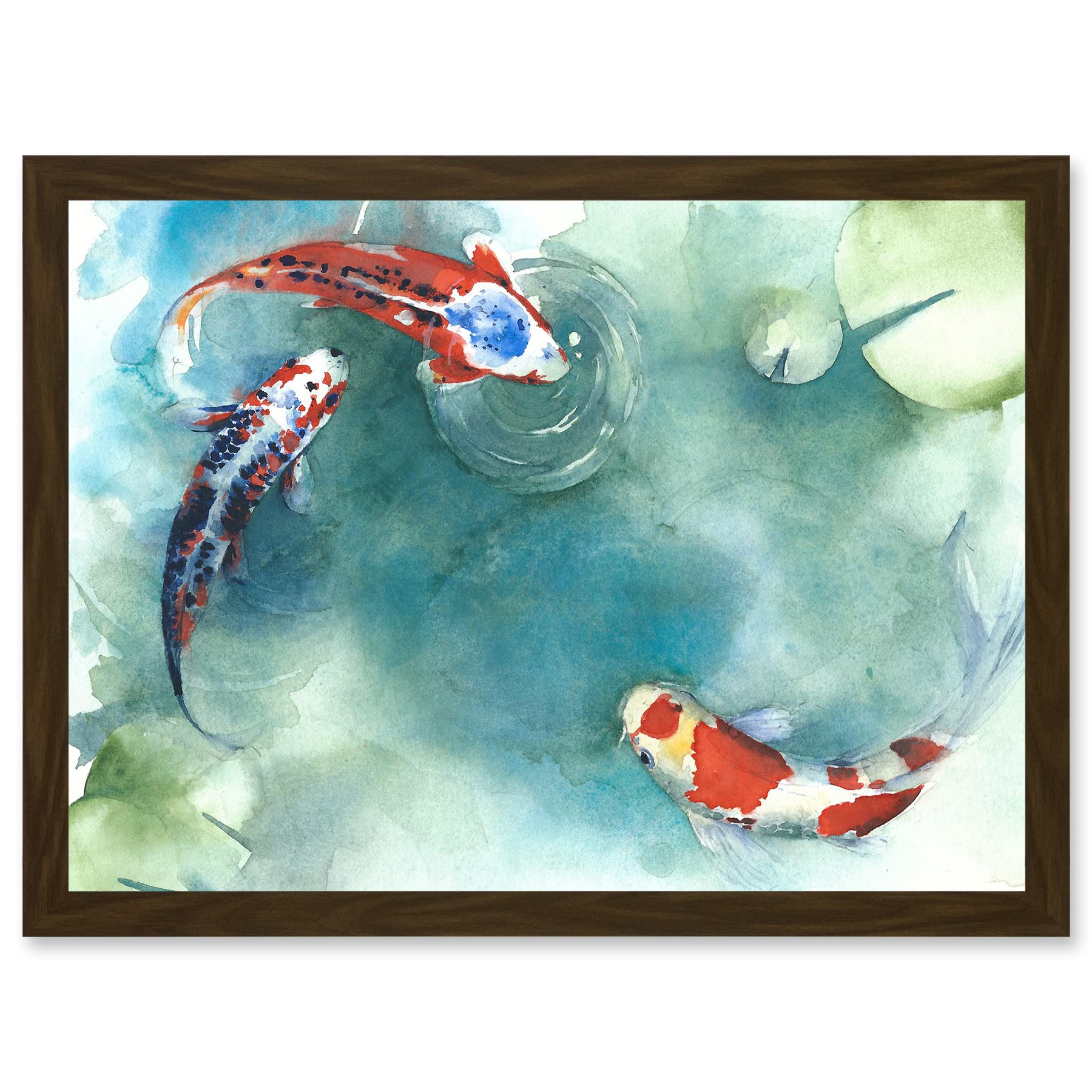 Artery8 Japanese Koi Carp Fish With Lilies A4 Artwork Framed Wall Art Print