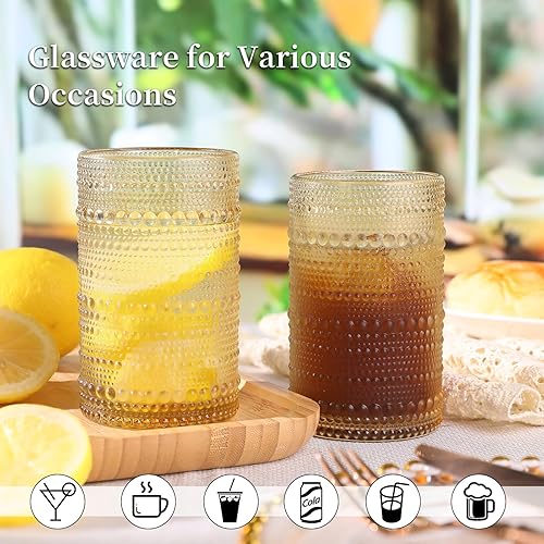 Miniatura 2 de Juego de 6 vasos de hobnail ámbar para beber, vasos de cóctel de 12 onzas, cristalería vintage ámbar para cerveza, cóctel, refrescos, jugo, café y