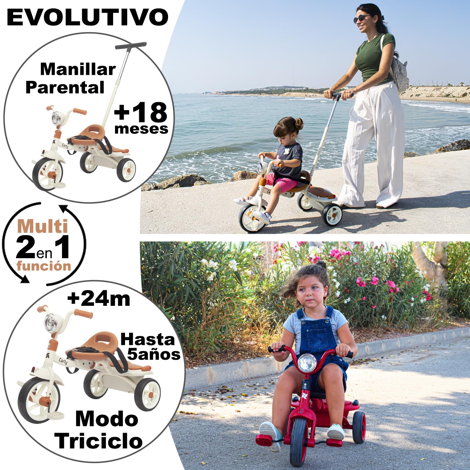 Twinly Triciclo Evolutivo Plegable Carly, Blanco, 1-5 Años | Ligero y Compacto, Manillar con Luz y Sonido, Cesta Incluida, Barra de Empuje Ajustable