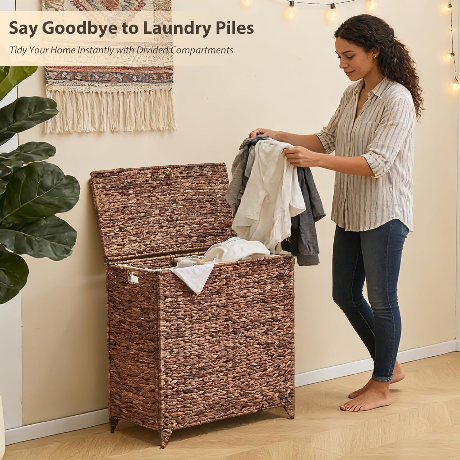 Large Laundry Hamper with Lid, Handwoven Natural Water Hyacinth Heightened Feet Laundry Basket, 2-Sections Wicker Clothes Hamper with Removable Liner Bag (Espresso, 120L)