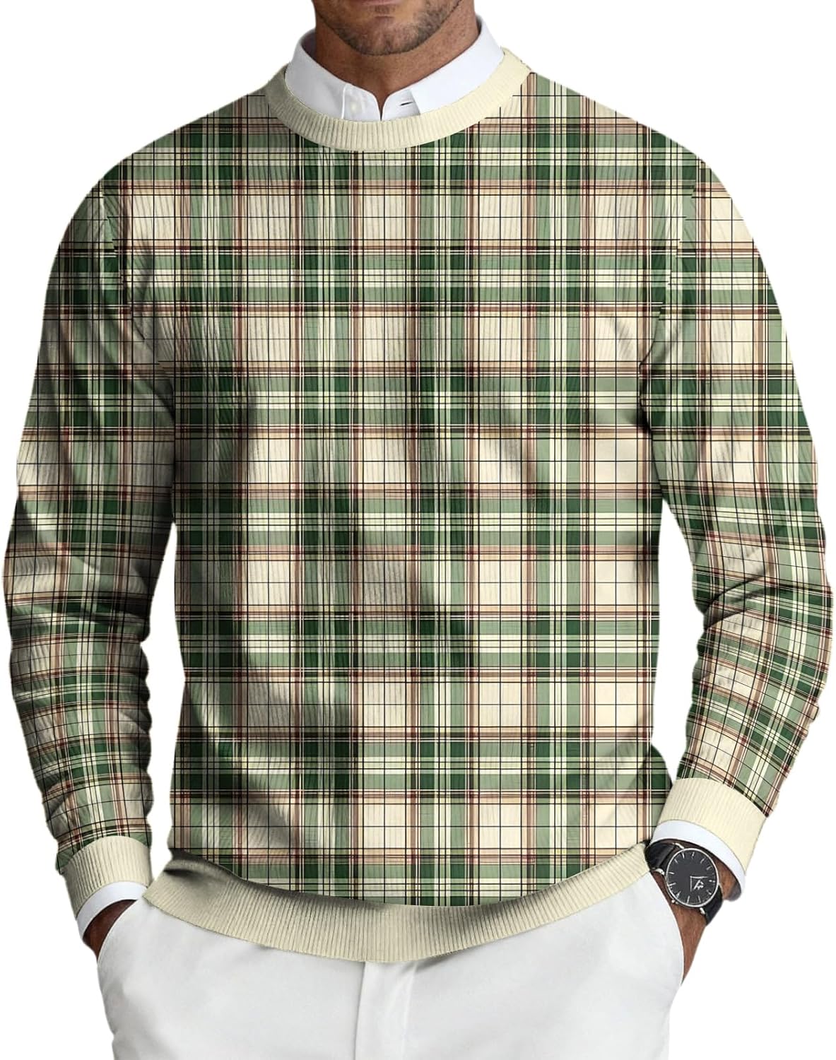 Ymosrh Men's Christmas Sweater Long Sleeve Crewneck Xmas Plaid Snowflakes Print Casual Holiday Knit Sweater, S-4XL