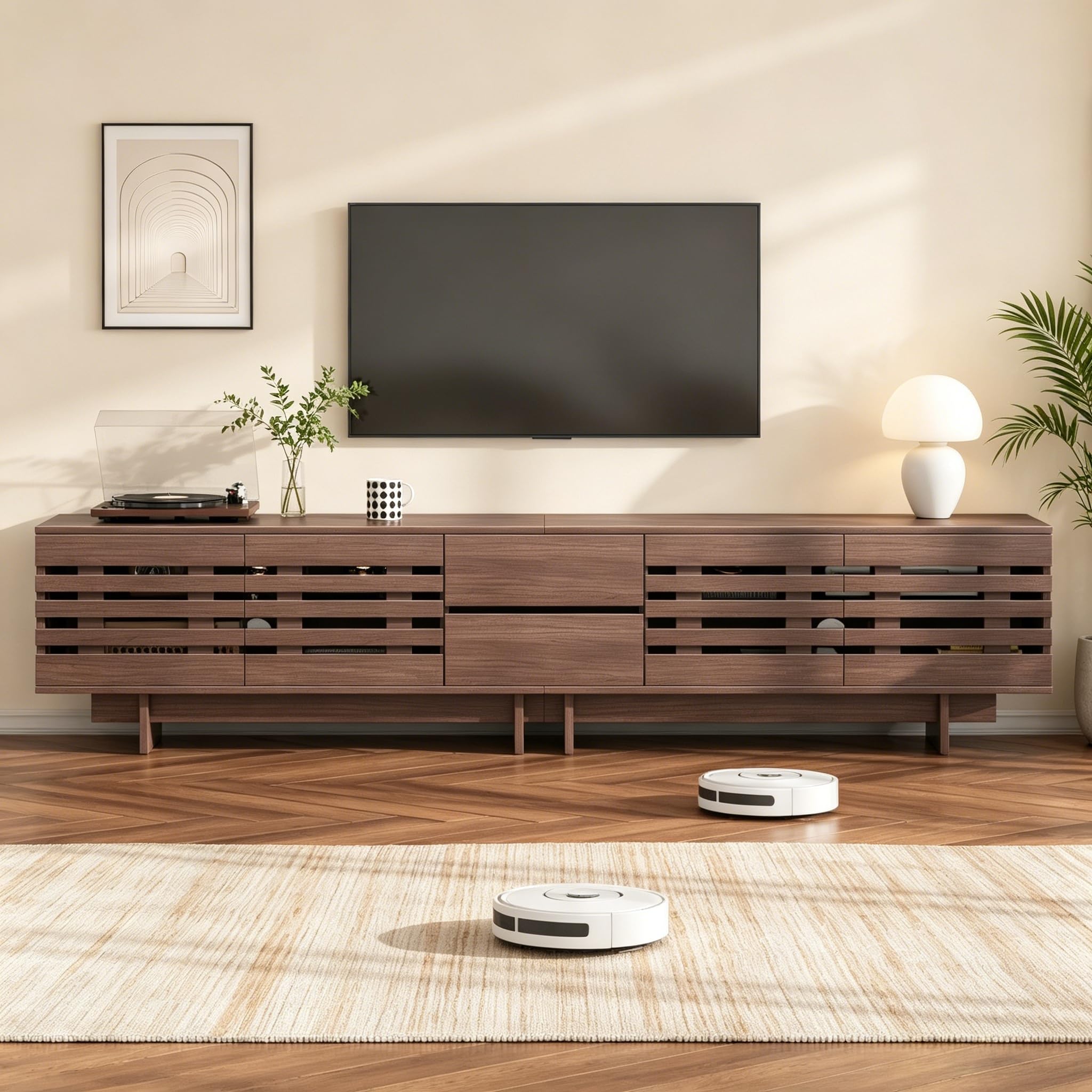 Armario para TV de 200 cm hasta 80 pulgadas, color nogal | 2 cajones, mueble bajo para TV de pie, con 6 compartimentos de almacenamiento, gestión de cables