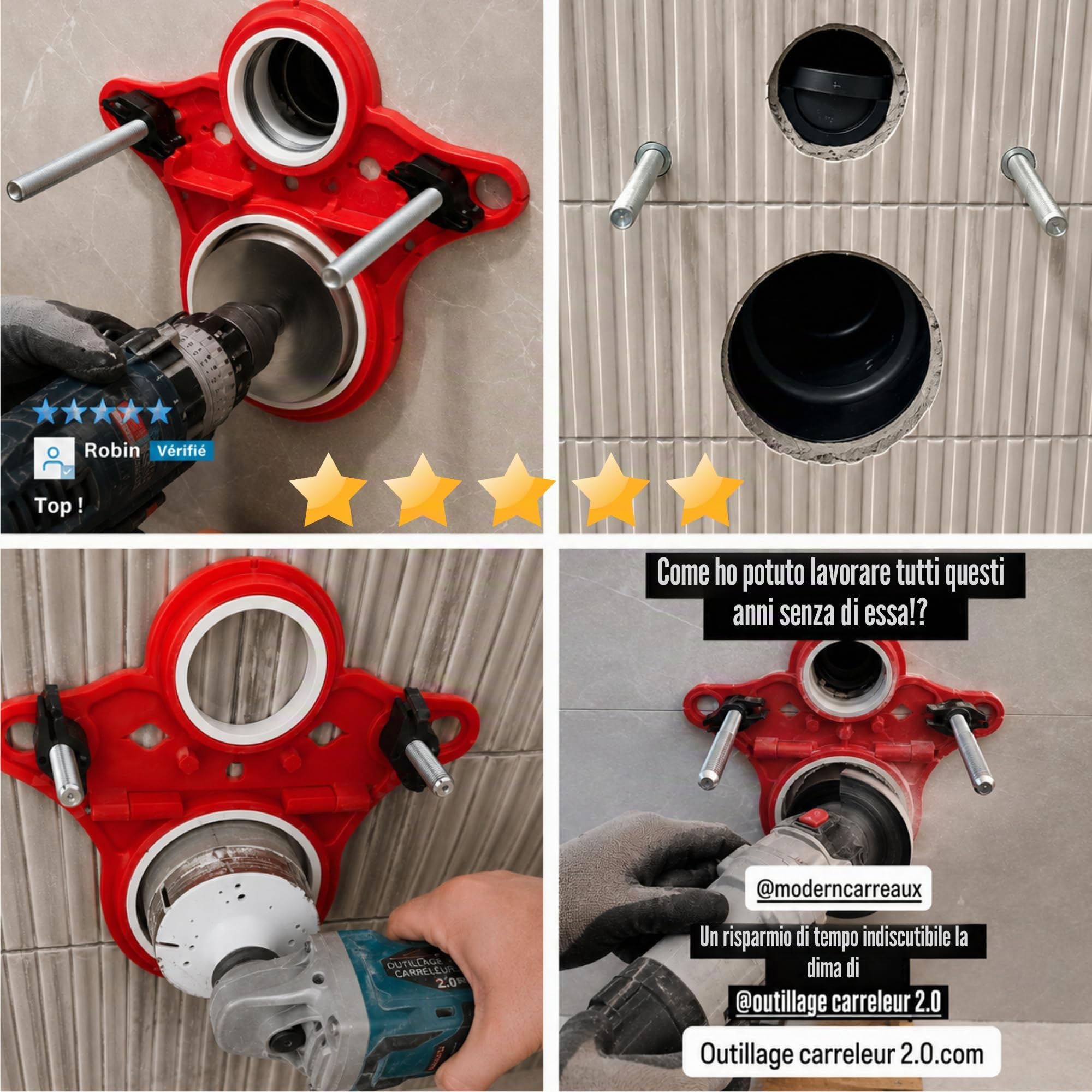 Modello di tracciatura per supporto WC compatibile Geberit – dima per installazione WC sospeso – plastica rinforzata con portamatite e ricariche – fori precisi su piastrelle – Outillage Carreleur 2.0