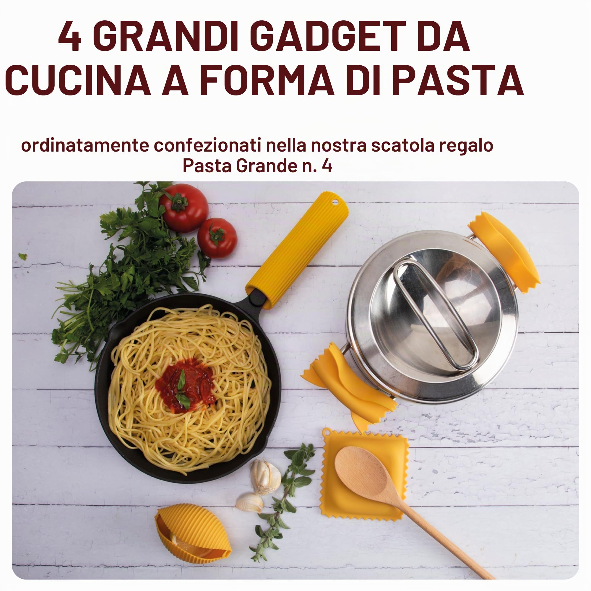 Monkey Business Utensili da cucina in silicone in confezione regalo/4 gadget da cucina a forma di pasta grande/impugnature per farfalloni, poggiamestolo per ravioli, spremiagrumi e impugnatura per
