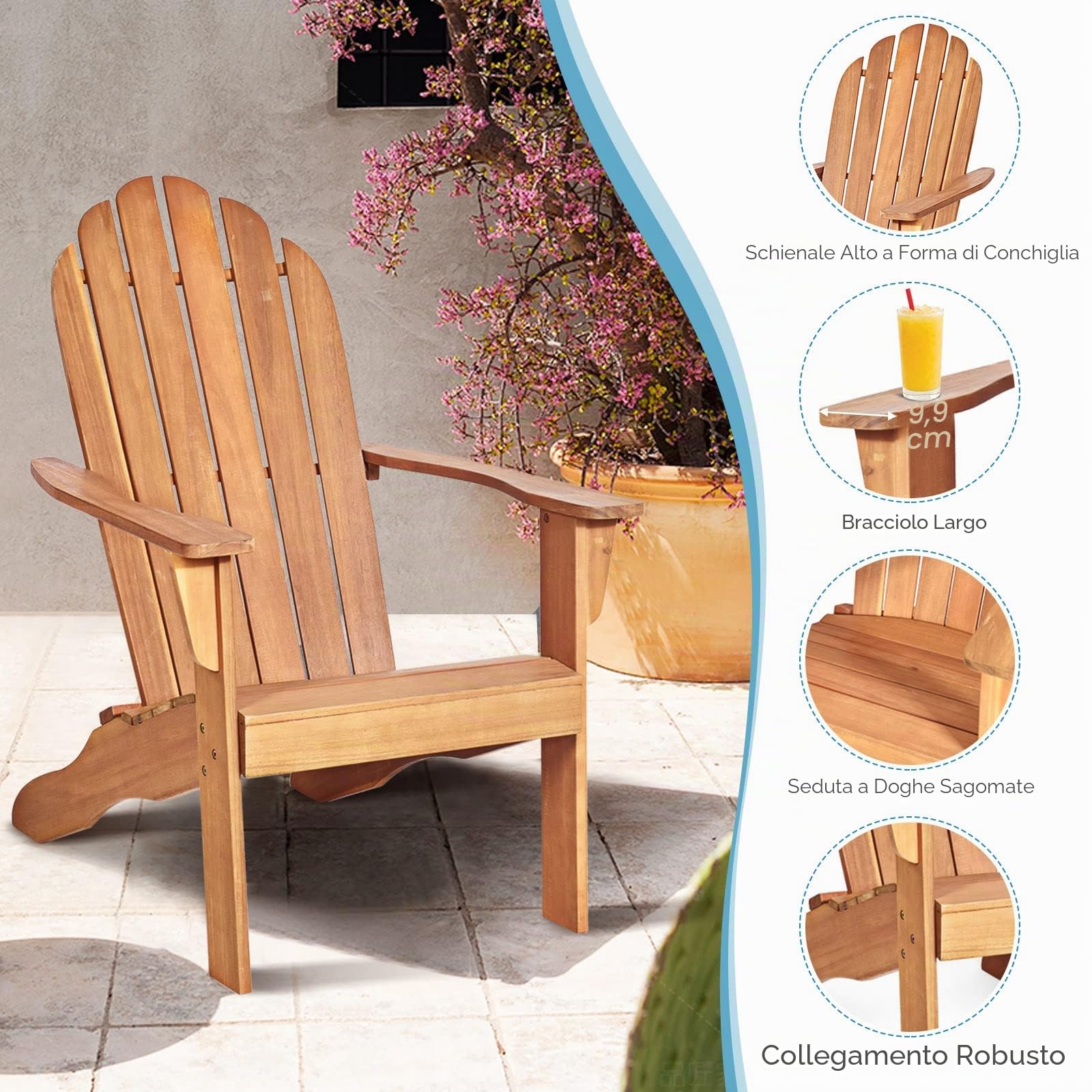 GIANTEX Sedia Adirondack da Giardino, Poltrona in Legno, Pausa da Esterno, Schienale a 6 Righe, Ideale per Estate, Portata di 160kg, 69x88x103cm, Grigio/Naturale/Bianco (naturale)